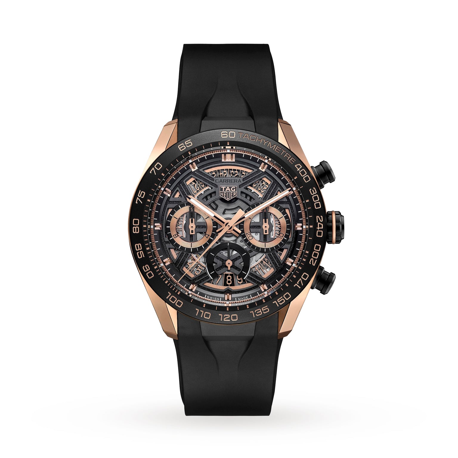 The TAG Heuer Carrera Chronograph Extreme Sport watch features a black rubber strap, rose gold accents, a skeleton dial with three subdials, and chronograph and tachymeter functions inspired by motorsport.