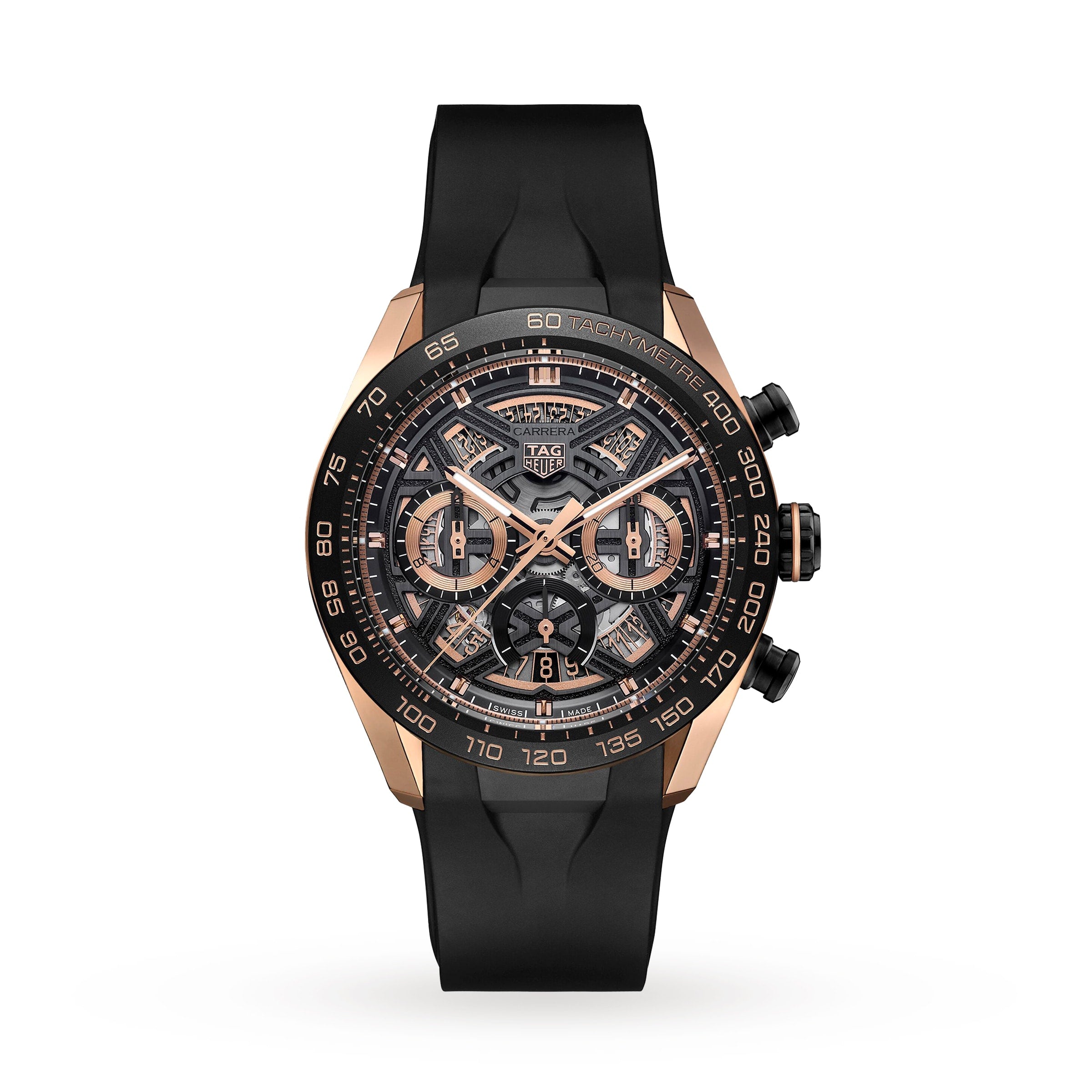 The TAG Heuer Carrera Chronograph Extreme Sport watch features a black rubber strap, rose gold accents, a skeleton dial with three subdials, and chronograph and tachymeter functions inspired by motorsport.