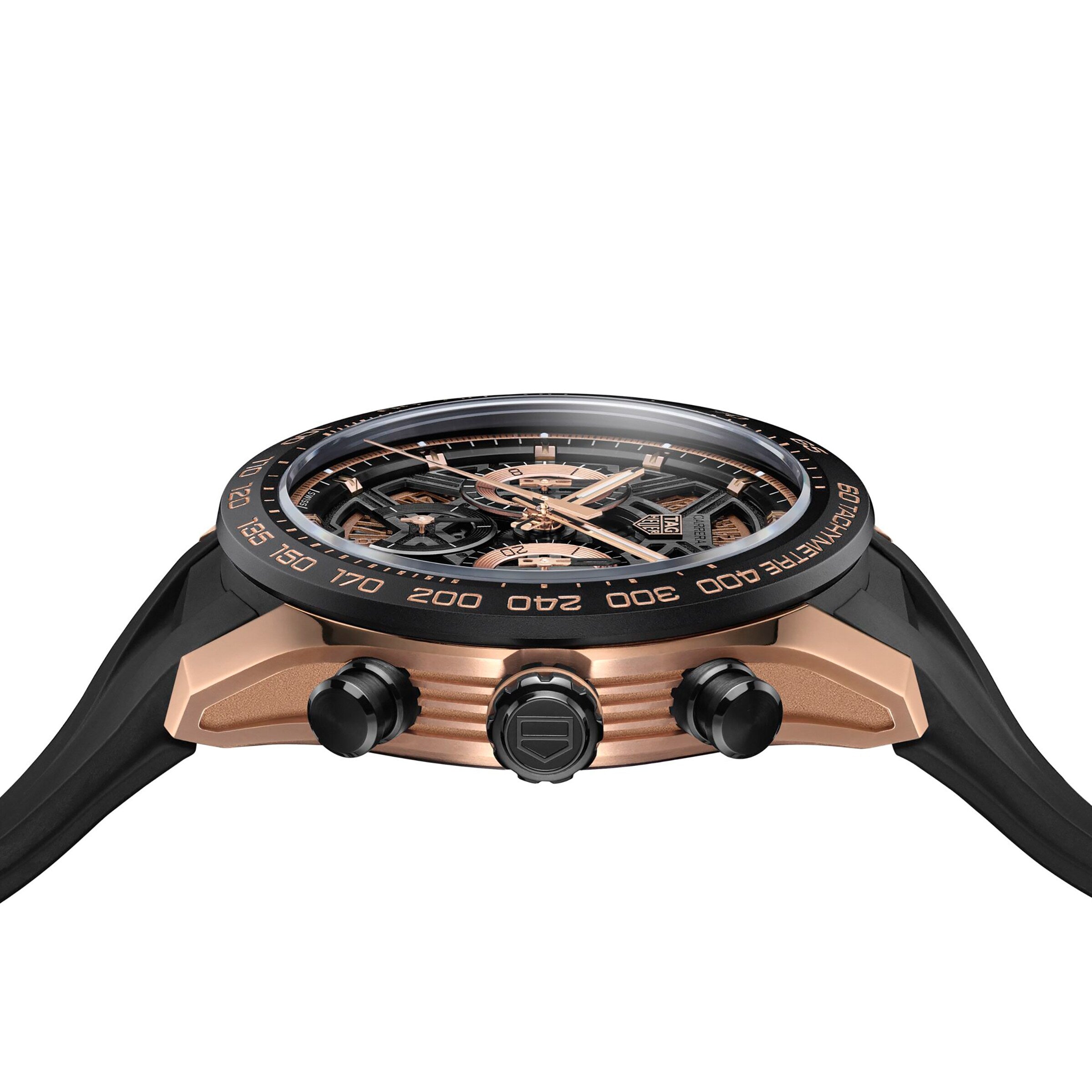 Side view of the TAG Heuer Carrera Chronograph Extreme Sport, featuring a black and rose gold case, motorsport-inspired chronograph, numbered black bezel, black pushers and strap, set against a white background.