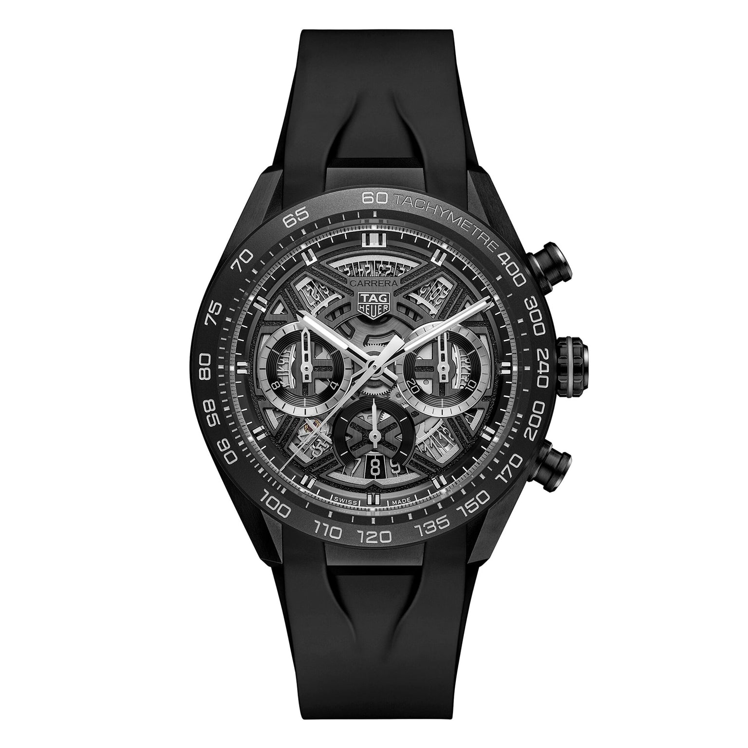 The TAG Heuer Carrera Chronograph Extreme Sport features a black skeleton dial with three subdials, tachymeter bezel, and a black rubber strap, shown from the front.