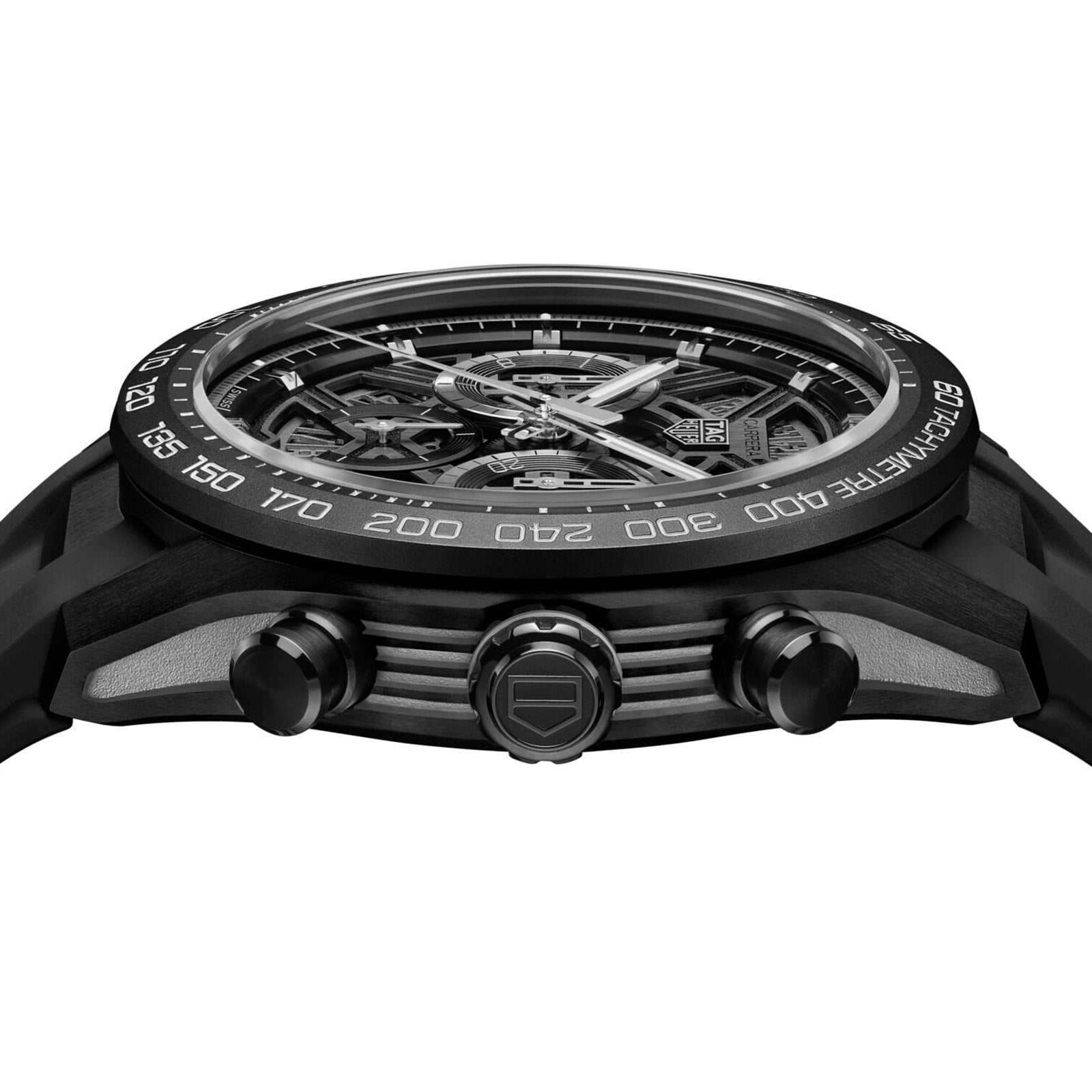 Side view of a TAG Heuer Carrera Chronograph Extreme Sport in black, showcasing its bold skeleton dial, three pushers, and a tachymeter bezel.