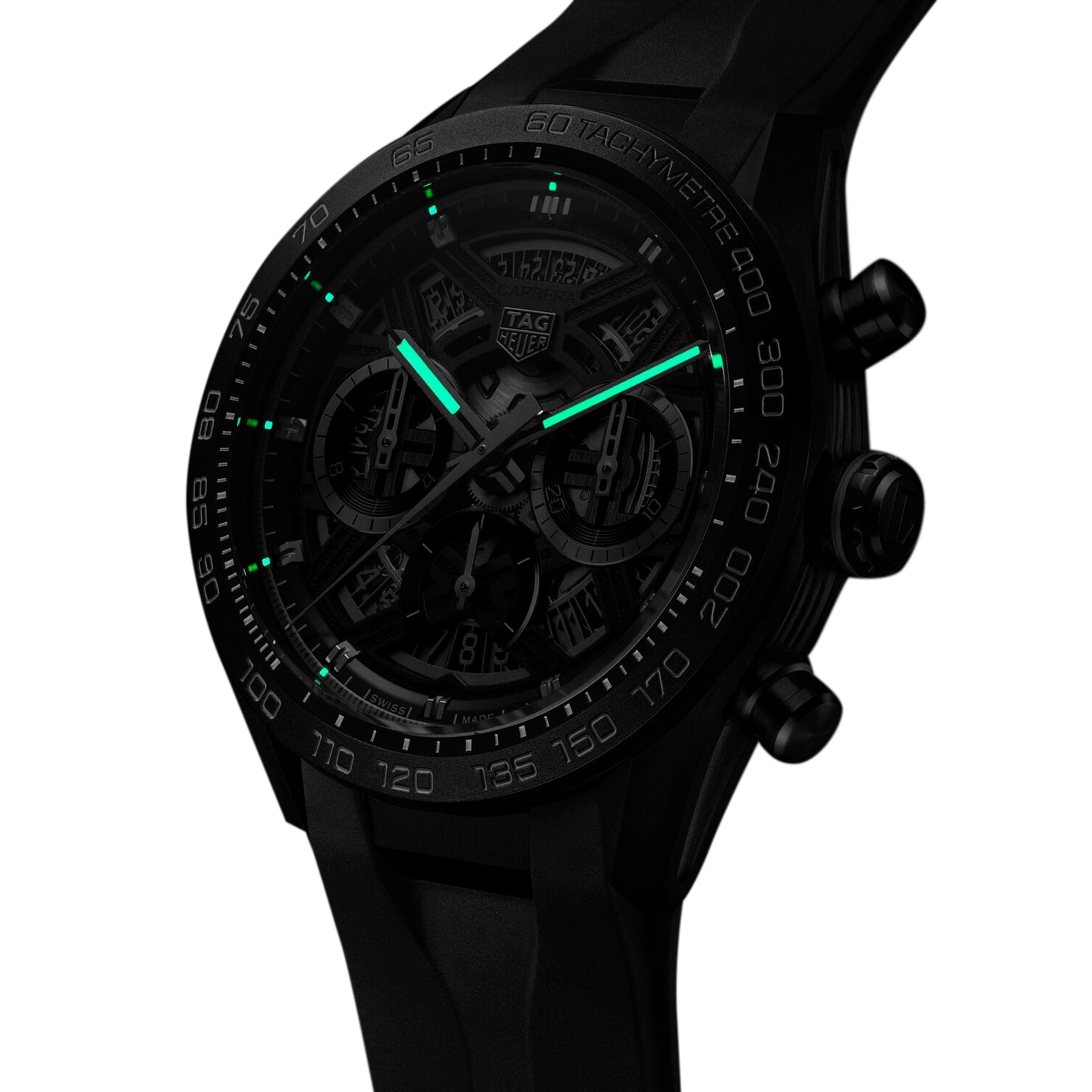The TAG Heuer Carrera Chronograph Extreme Sport features a sleek black skeleton design, green luminescent hour and minute hands, a black tachymeter bezel, and a black strap for a modern, sophisticated look.