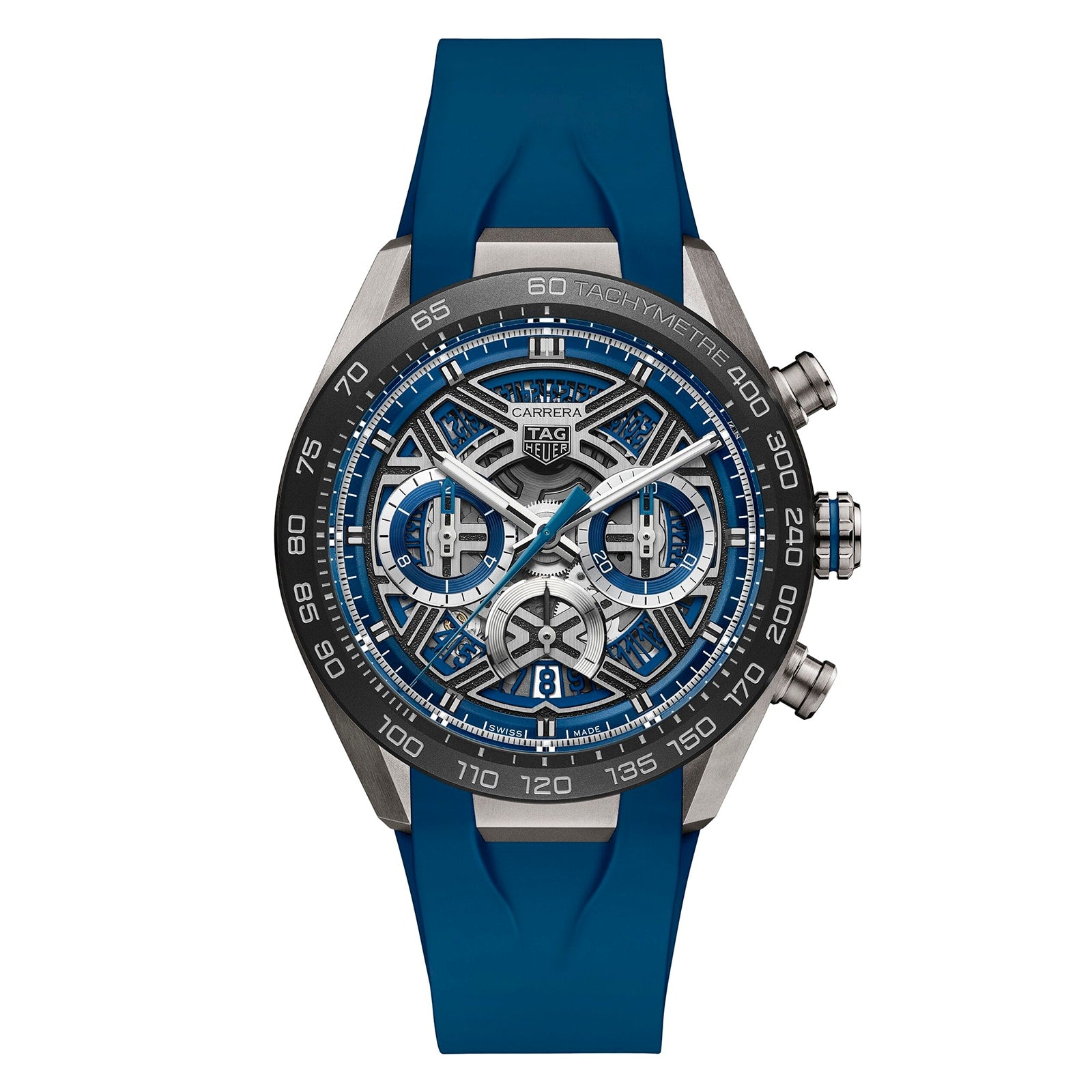 The TAG Heuer Carrera Chronograph Extreme Sport features a blue and silver design, skeleton dial, chronograph subdials, tachymeter bezel, blue rubber strap, and is powered by the TH20-00 movement.