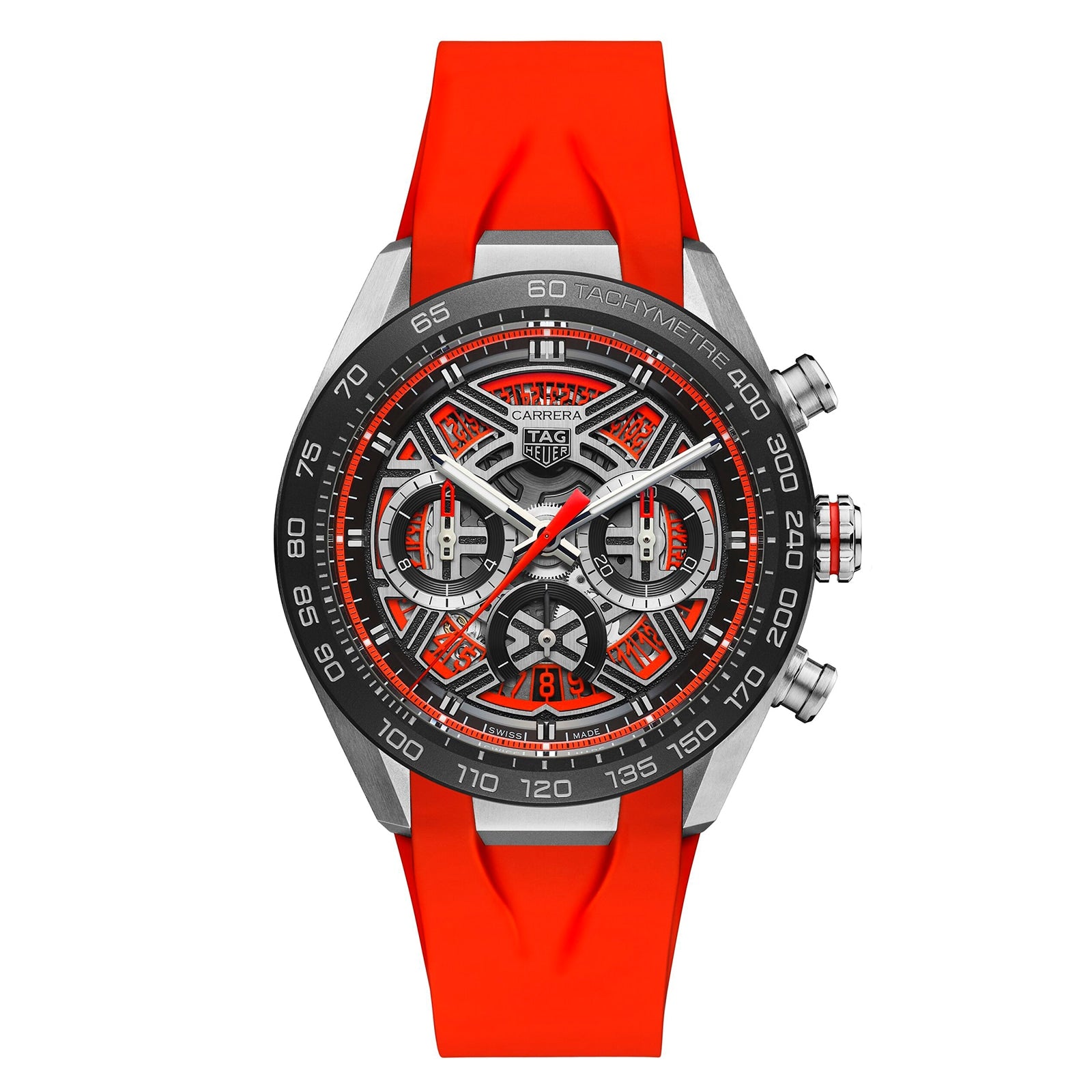 The TAG Heuer Carrera Chronograph Extreme Sport features a skeleton dial, TH20-00 movement, chronograph functions, and an orange rubber strap, displayed face up on a white background.