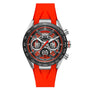 The TAG Heuer Carrera Chronograph Extreme Sport features a skeleton dial, TH20-00 movement, chronograph functions, and an orange rubber strap, displayed face up on a white background.