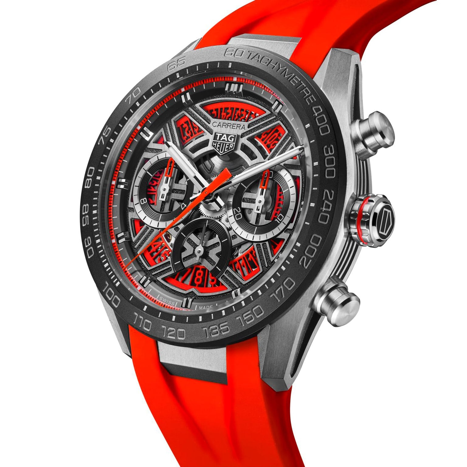 The TAG Heuer Carrera Chronograph Extreme Sport features a skeleton dial, three subdials, tachymeter bezel, TH20-00 movement, and a bold red rubber strap.