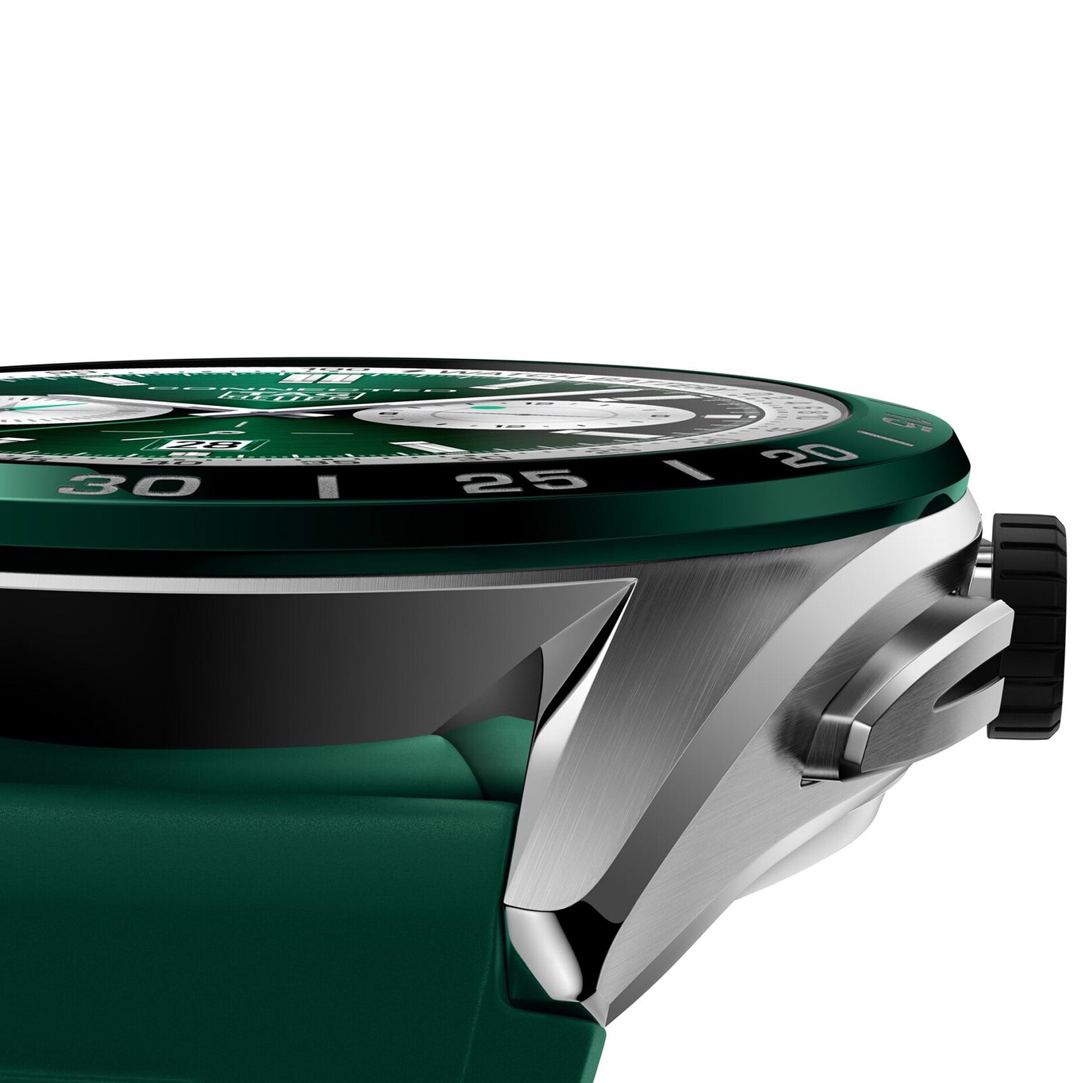 Close-up side view of the TAG Heuer Connected Calibre E4, highlighting its green and silver finish, crown, bezel, dial, and strap—a striking showcase of contemporary luxury performance design.