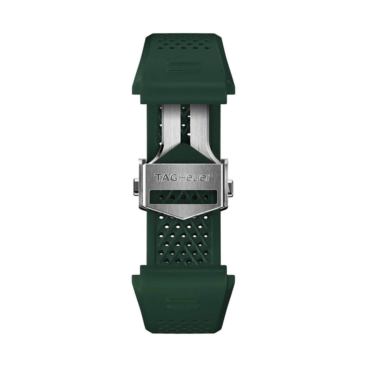 Green perforated rubber strap with a silver TAG Heuer clasp, designed for the Connected Calibre E4 watch, shown from the top view on a white background.