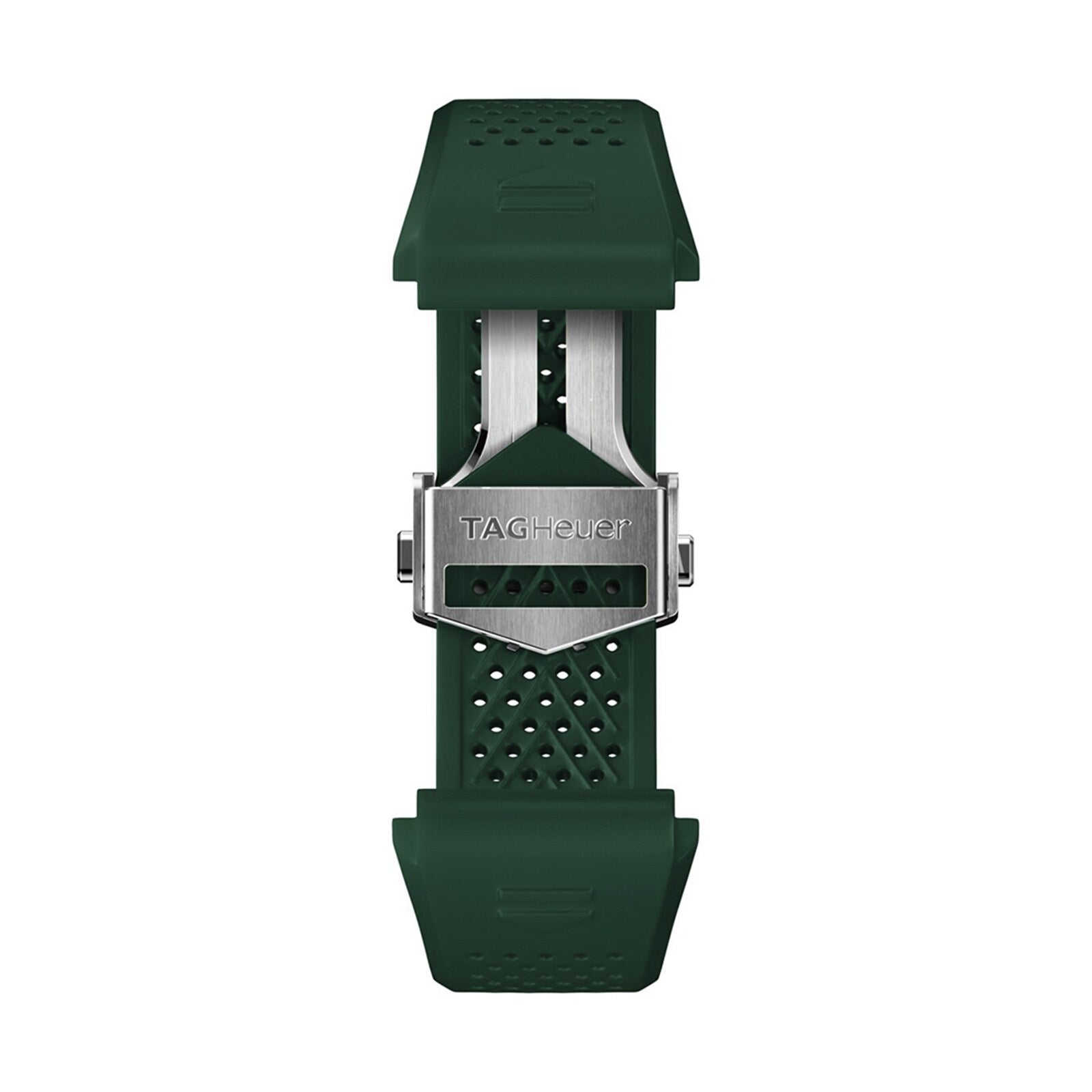 Green perforated rubber strap with a silver TAG Heuer clasp, designed for the Connected Calibre E4 watch, shown from the top view on a white background.