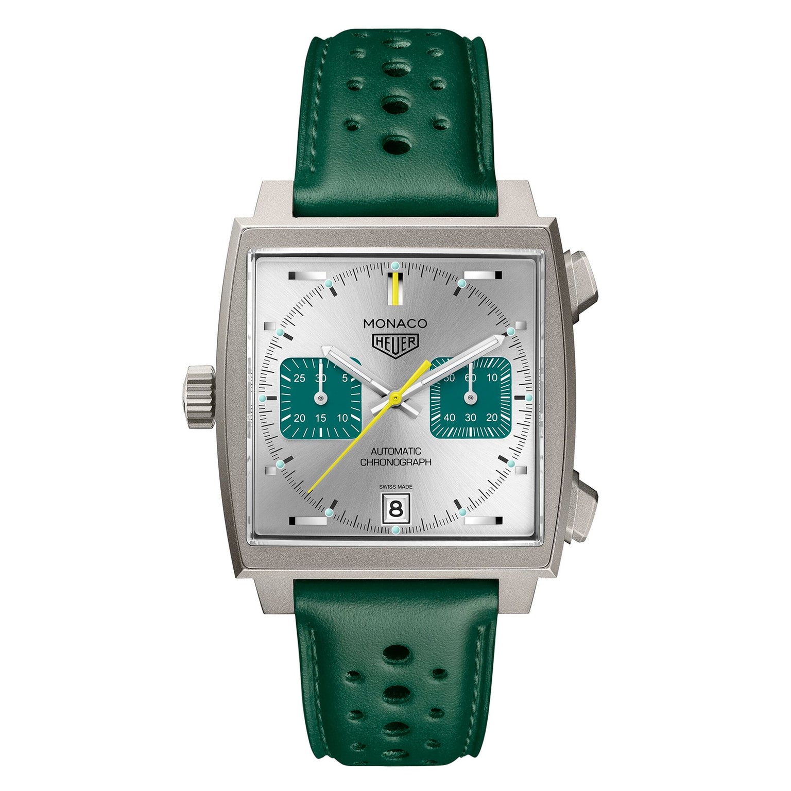 The TAG Heuer Monaco Chronograph Racing Green features a square face, silver dial, two Racing Green subdials, yellow second hand, Calibre 11 movement, date at 6 oclock, and a green perforated leather strap.