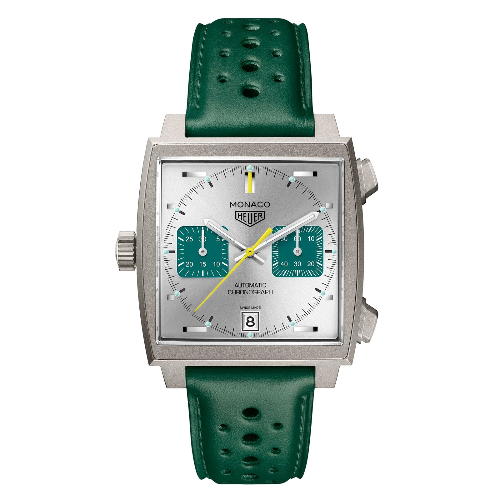 The TAG Heuer Monaco Chronograph Racing Green features a square face, silver dial, two Racing Green subdials, yellow second hand, Calibre 11 movement, date at 6 oclock, and a green perforated leather strap.