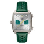 The TAG Heuer Monaco Chronograph Racing Green features a square face, silver dial, two Racing Green subdials, yellow second hand, Calibre 11 movement, date at 6 oclock, and a green perforated leather strap.