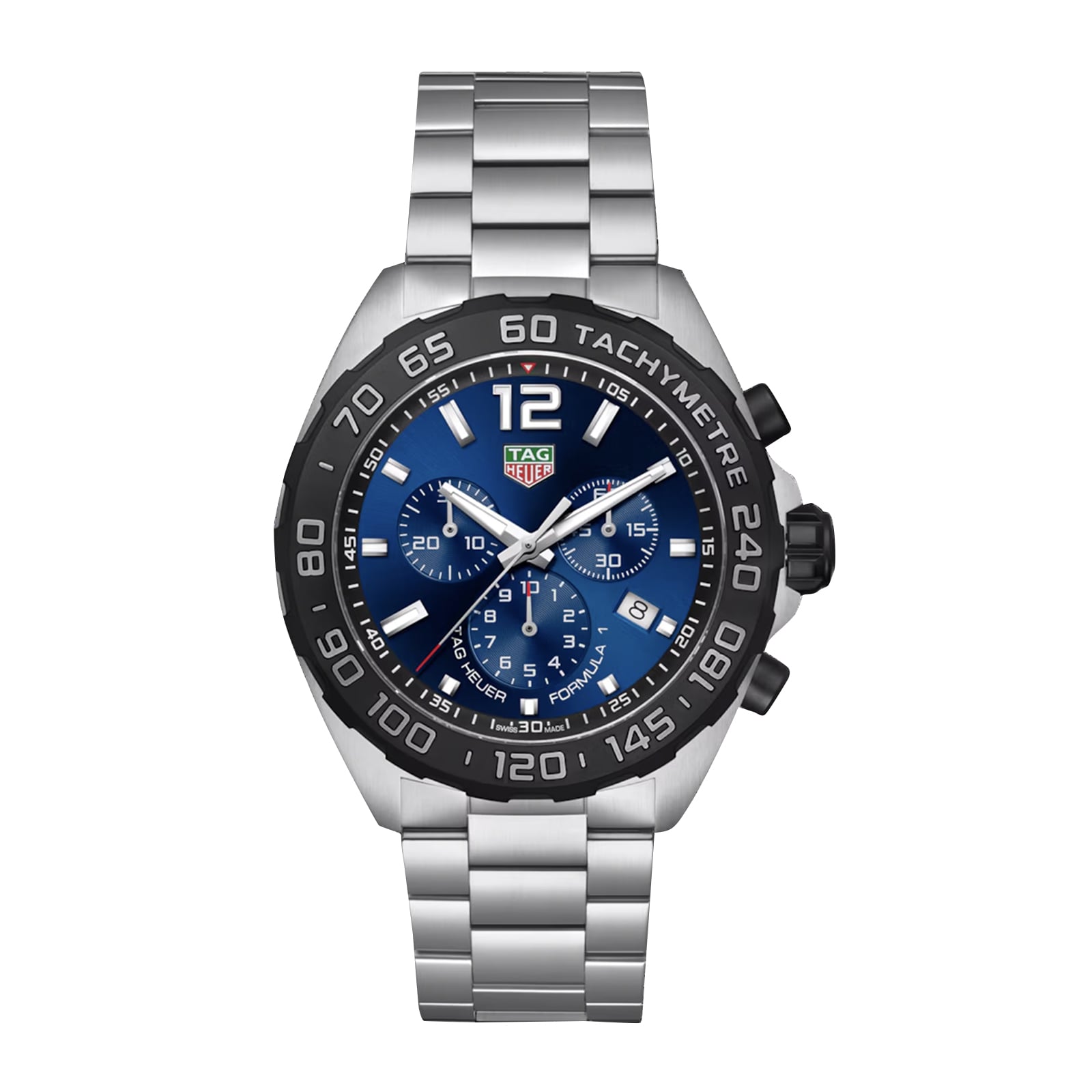 The TAG Heuer Formula 1 Chronograph features a stainless steel case, blue dial, black tachymeter bezel, silver indices, and a metal link bracelet.