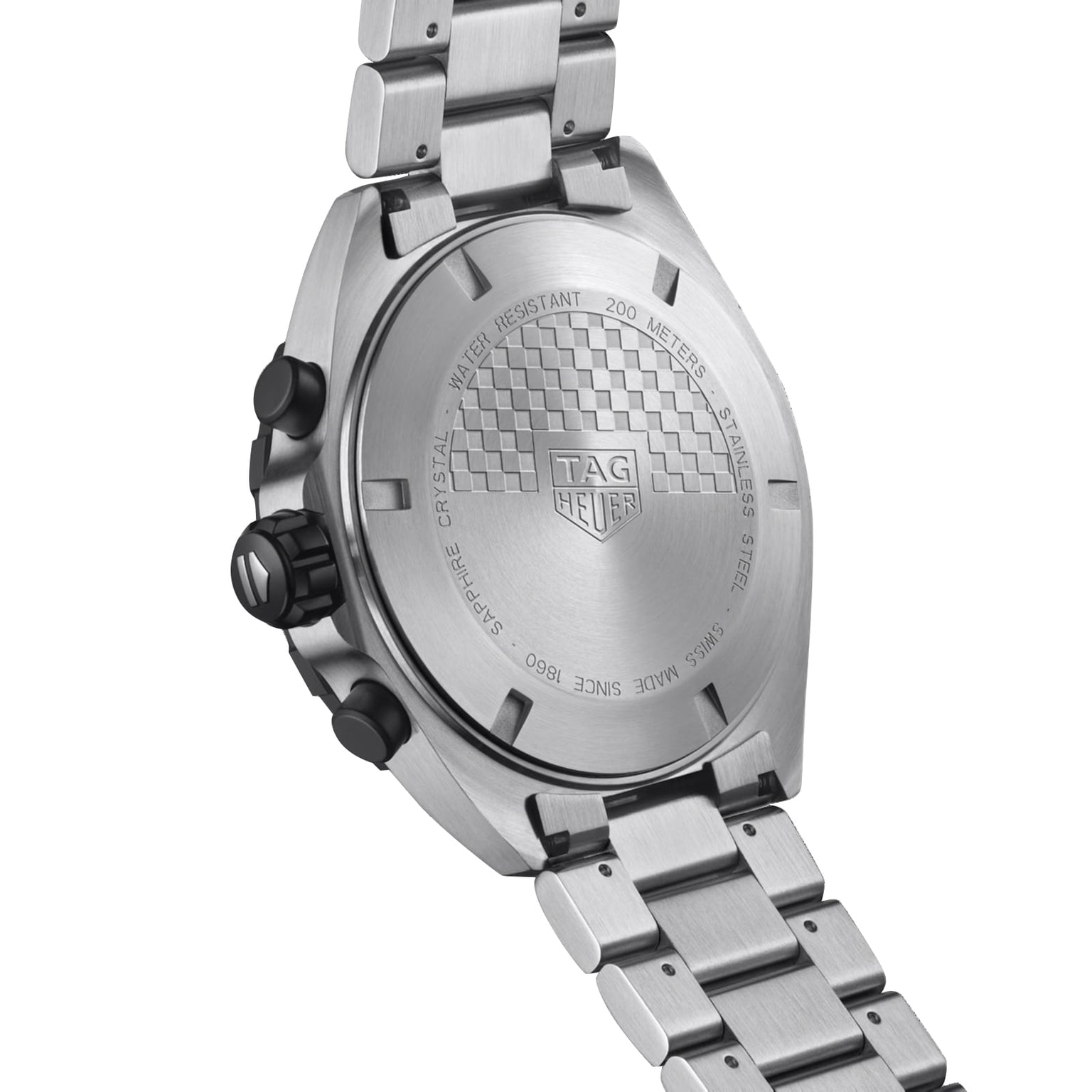 Back view of the TAG Heuer Formula 1 Chronograph, showing the engraved TAG Heuer logo and water resistance details on the stainless steel case back.