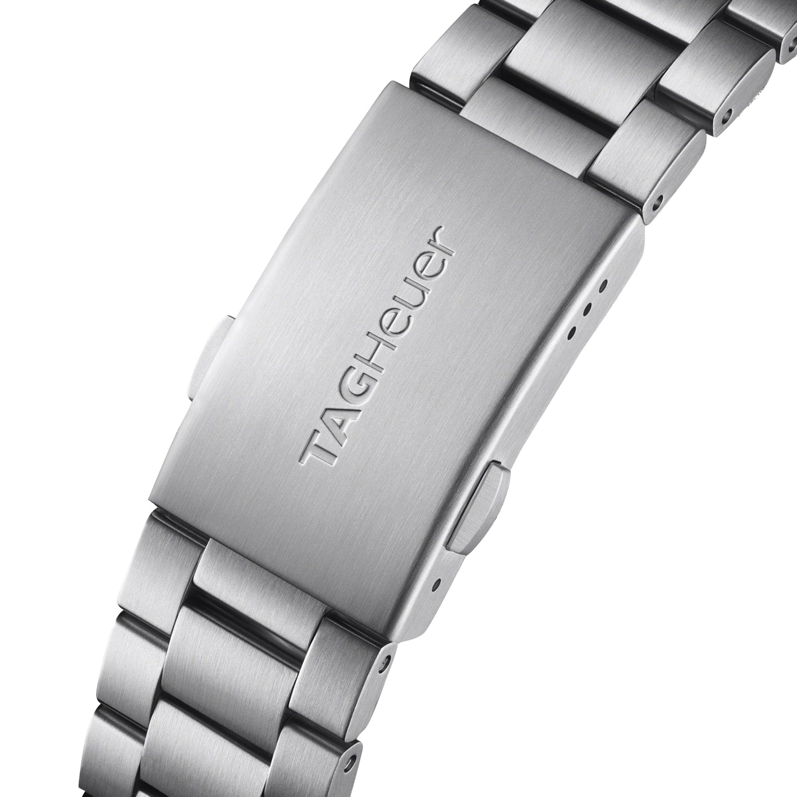 Close-up of a brushed stainless steel bracelet clasp on the TAG Heuer Formula 1 Chronograph, featuring the engraved TAG Heuer logo.