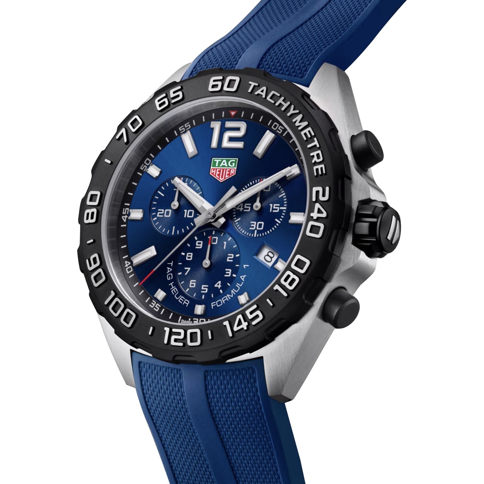 The TAG Heuer Formula 1 Chronograph boasts a blue dial, silver hour markers, a blue rubber strap, and a black tachymeter bezel—ideal for fans of striking chronograph style.