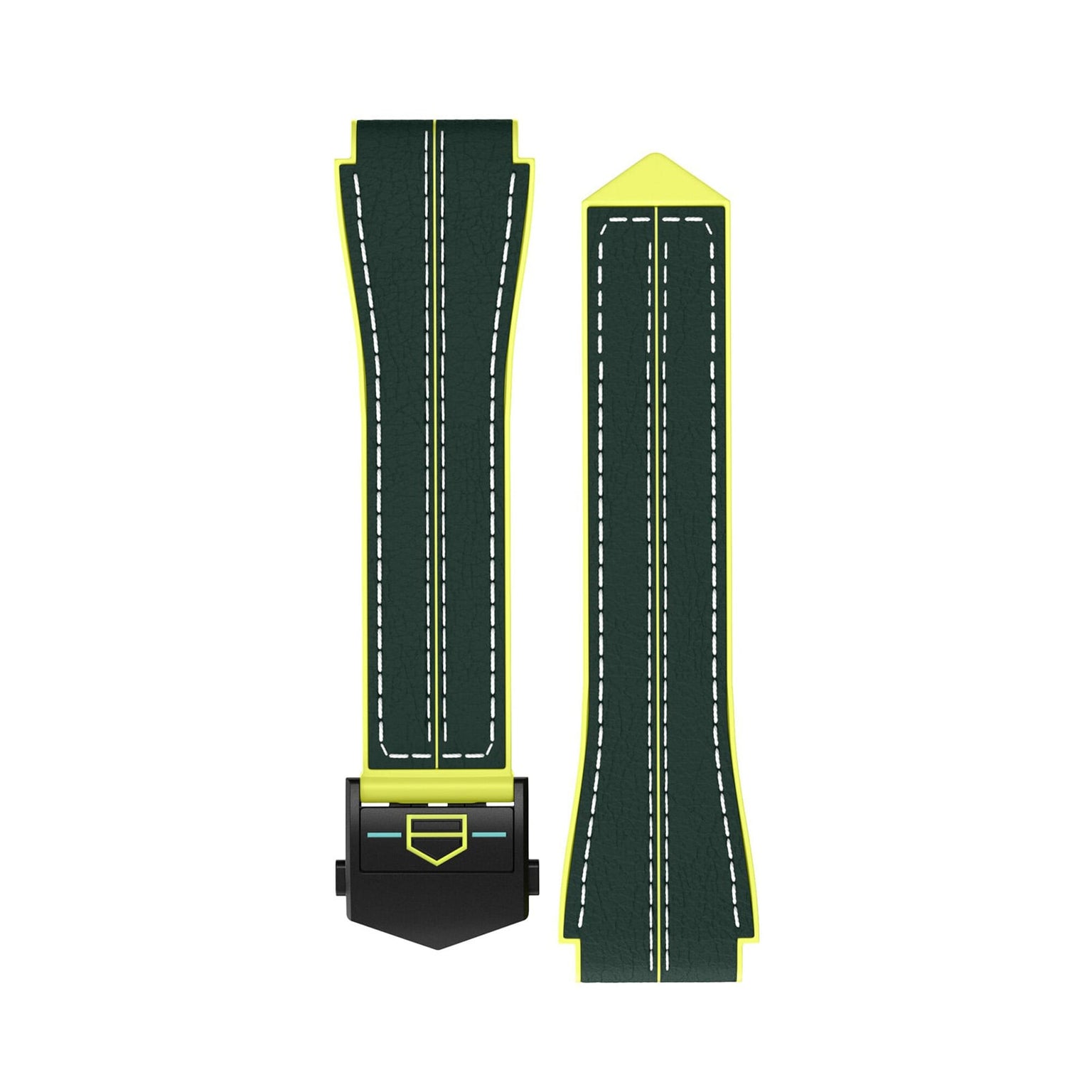 Two dark green watch straps with white stitching and neon yellow edges for the TAG Heuer Special Edition Connected Calibre E4 Malbon Golf Edition are shown side by side; one strap features a black clasp.