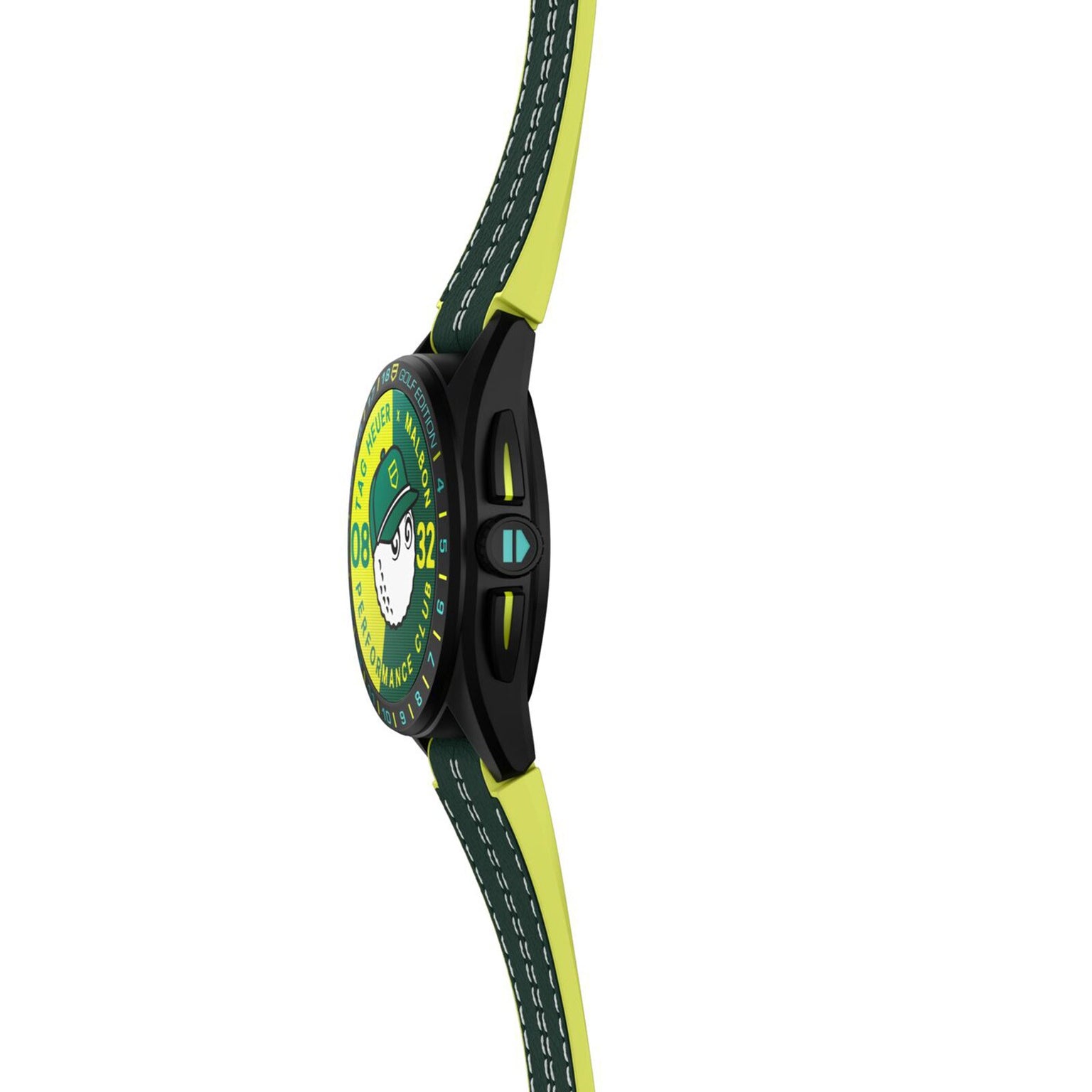 Side view of the TAG Heuer Special Edition Connected Calibre E4 Malbon Golf Edition, featuring a green and yellow strap, round face, and bold matching numbers on the dial, set against a white background.