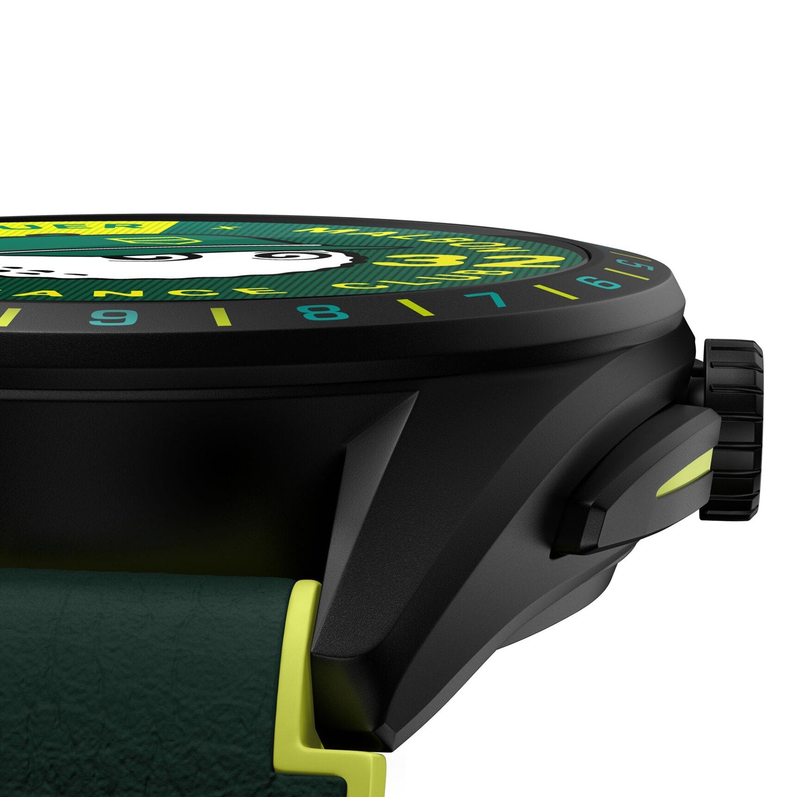 Close-up side view of the TAG Heuer Special Edition Connected Calibre E4 Malbon Golf Edition, featuring a black case, green and yellow accents, textured green strap, and visible crown and buttons on the right.