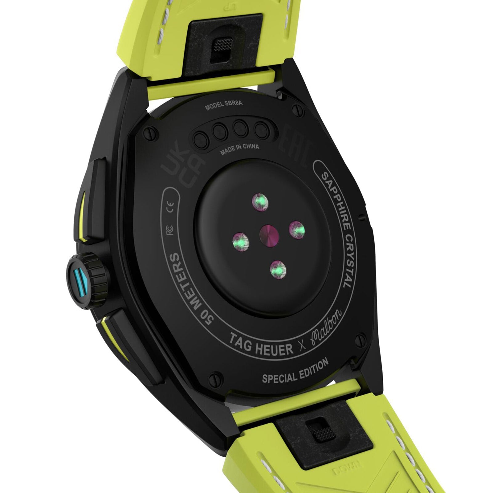 Close-up of the back of the TAG Heuer Special Edition Connected Calibre E4 Malbon Golf Edition, featuring a black case, lime green strap, visible sensors, and engraved details.