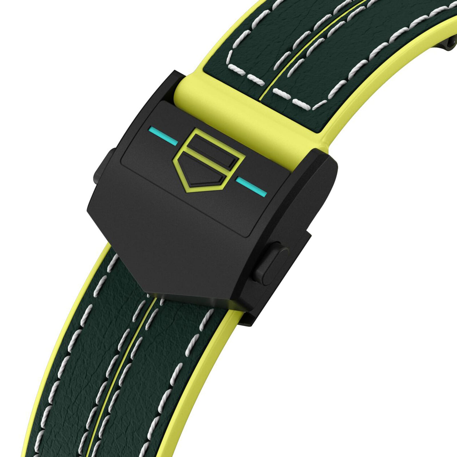 Close-up of the black and yellow clasp with geometric logo on a green leather strap with white stitching, from the TAG Heuer Special Edition Connected Calibre E4 Malbon Golf Edition.