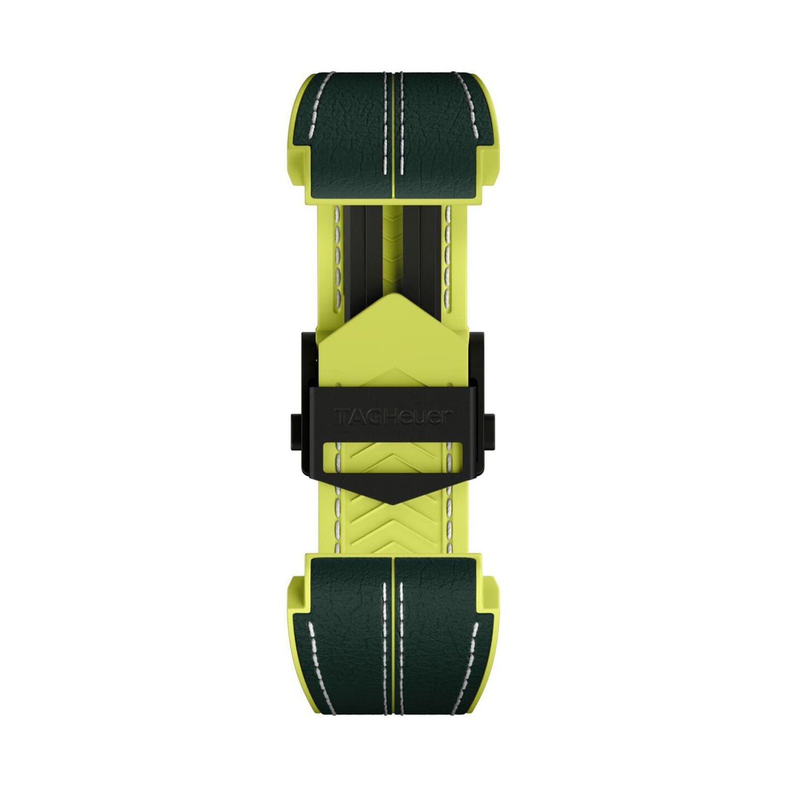 A green and yellow TAG Heuer strap with white stitching and a central black clasp, designed for the Special Edition Connected Calibre E4 Malbon Golf Edition luxury watch.