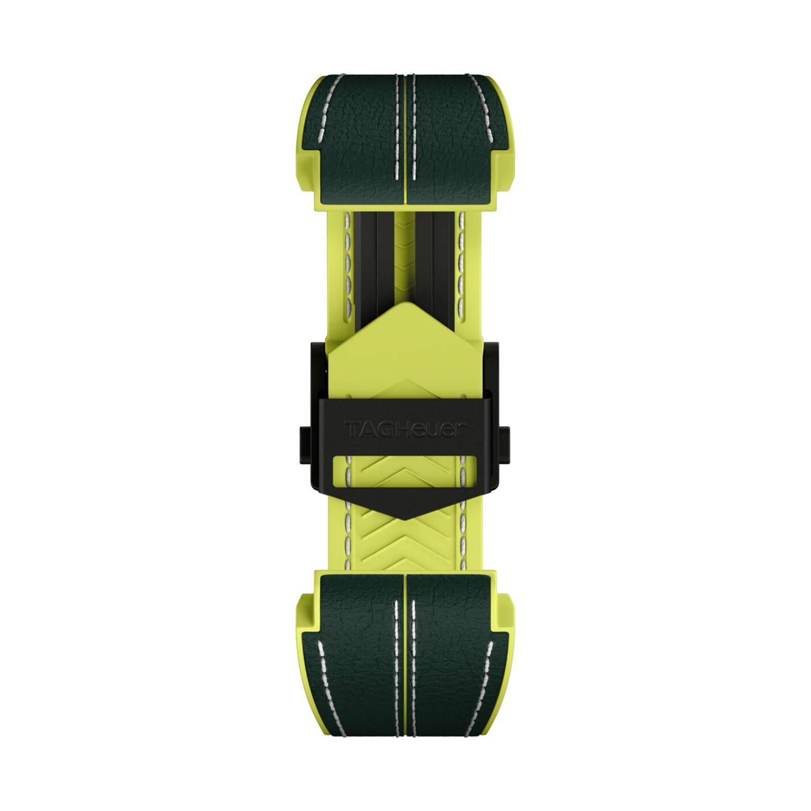 A green and yellow TAG Heuer strap with white stitching and a central black clasp, designed for the Special Edition Connected Calibre E4 Malbon Golf Edition luxury watch.