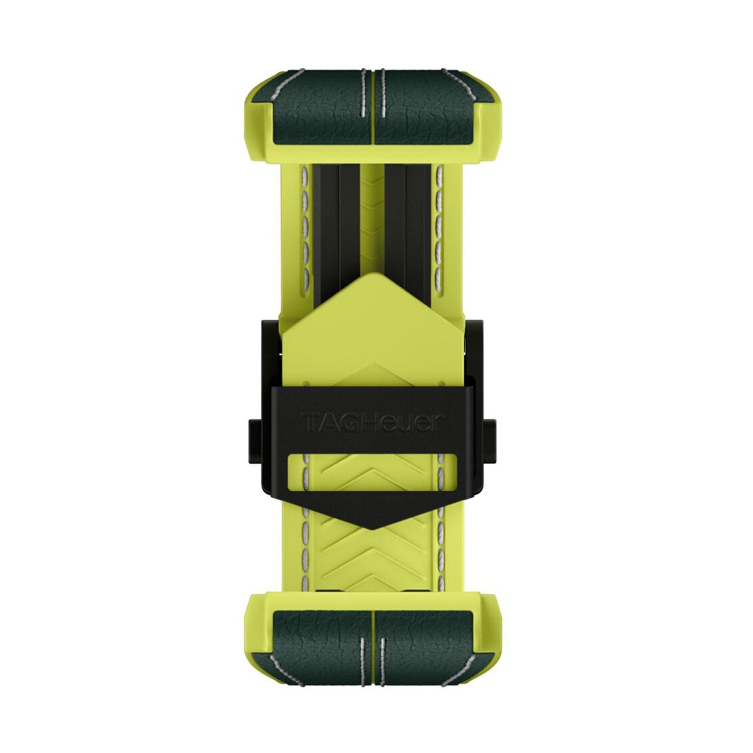 A TAG Heuer Special Edition Connected Calibre E4 Malbon Golf Edition watch strap in bright yellow and dark green is displayed from above on a white background.