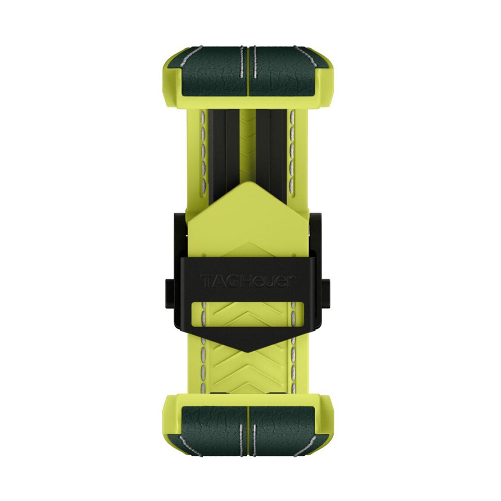 A TAG Heuer Special Edition Connected Calibre E4 Malbon Golf Edition watch strap in bright yellow and dark green is displayed from above on a white background.