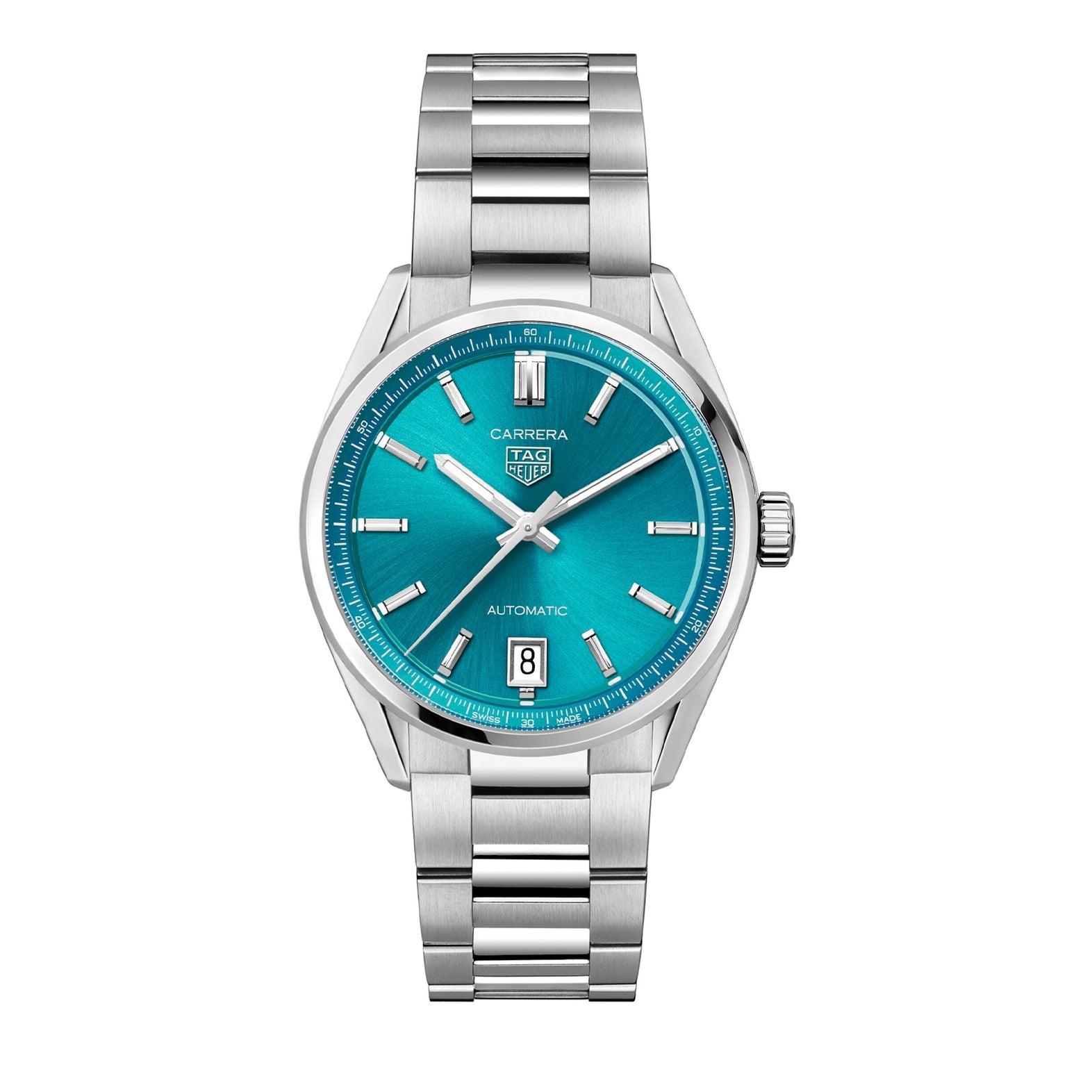 The TAG Heuer Carrera Date is a silver stainless steel wristwatch with a turquoise blue dial, silver markers and hands, calibre 7 automatic movement, date at 6 o’clock, and metal link bracelet. Inspired by the Panamericana race.