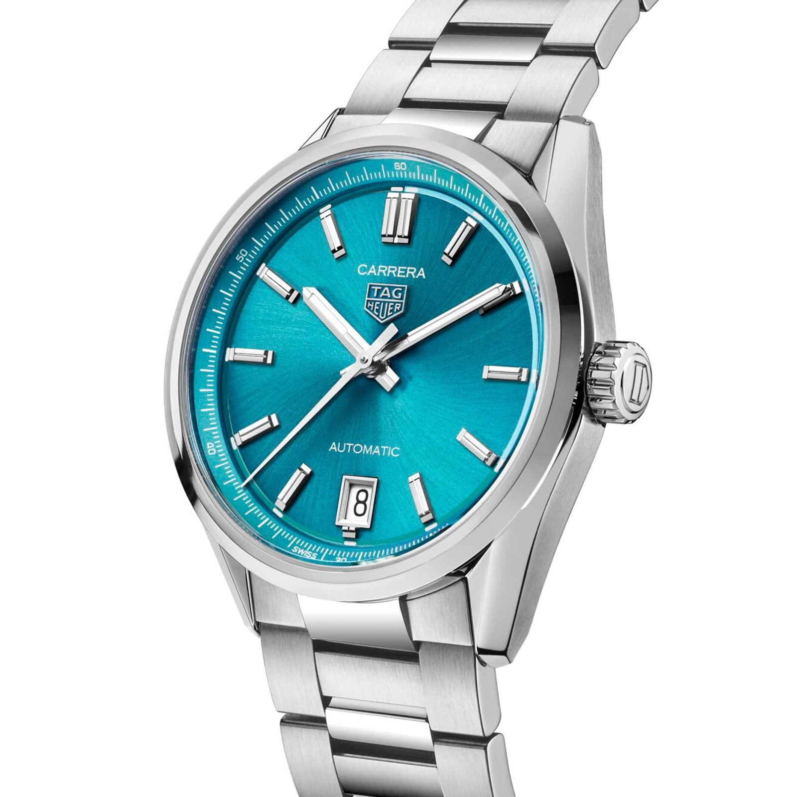 The TAG Heuer Carrera Date is a silver wristwatch with a teal blue dial, calibre 7 automatic movement, silver hour markers, date at 6 o’clock, and a stainless steel bracelet.