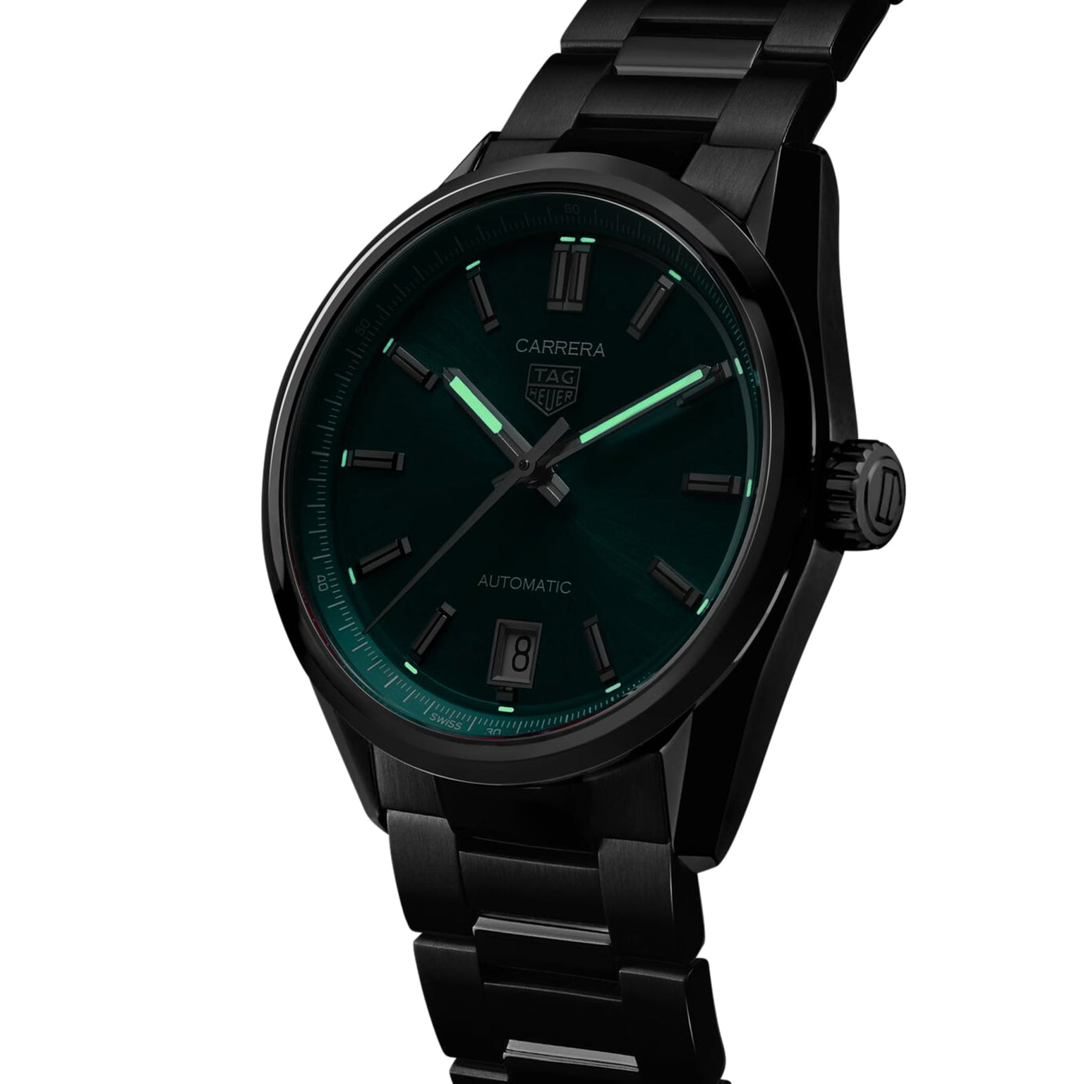 The TAG Heuer Carrera Date is a black wristwatch featuring a green dial, metallic hour markers, date display, and black metal bracelet. Powered by calibre 7 automatic movement, it honors the legendary Panamericana race.