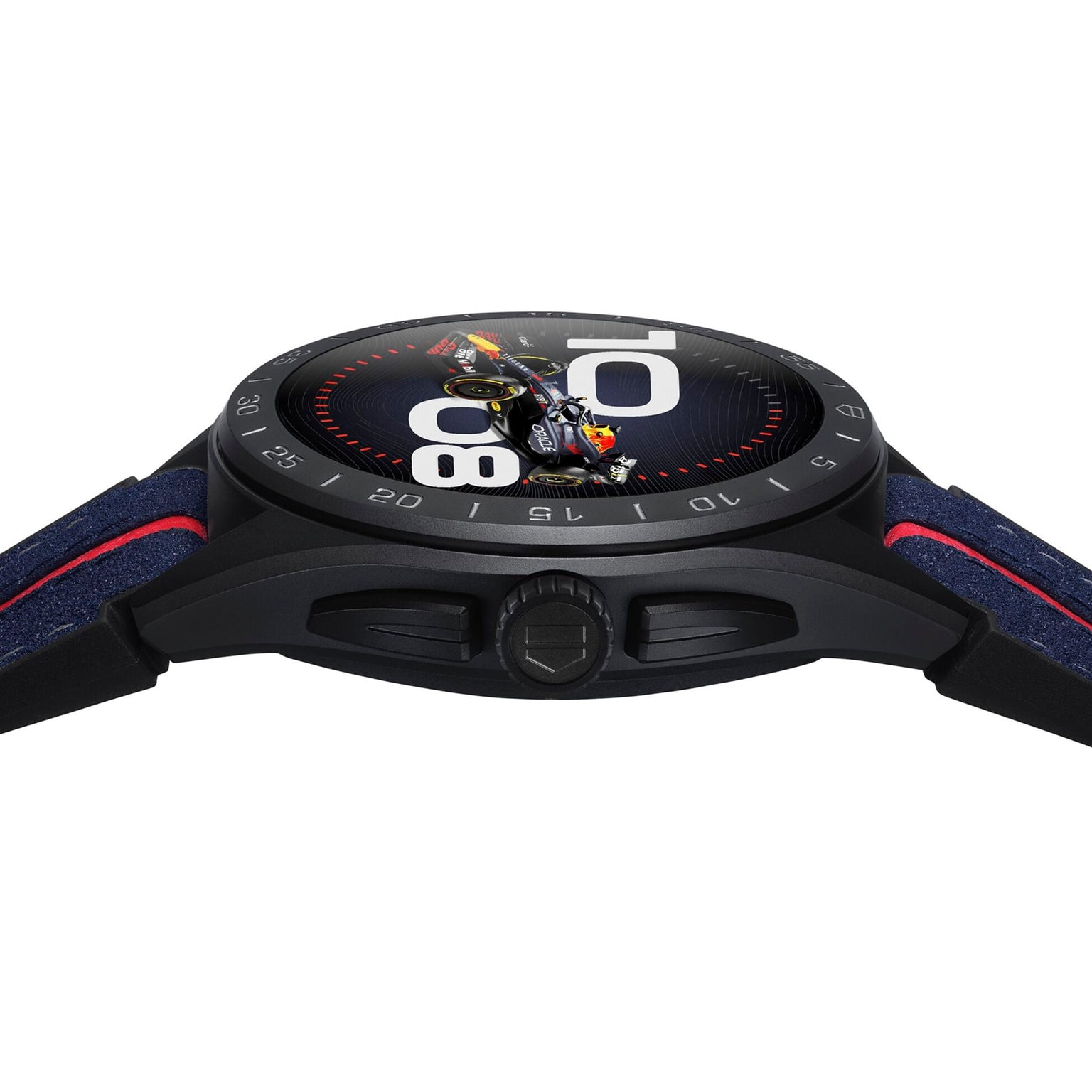 A close-up side view of the TAG Heuer Special Edition Connected Calibre E4 x Oracle Red Bull Racing features large white numerals and a motorcycle racer on its black dial, paired with a blue strap accented in red.