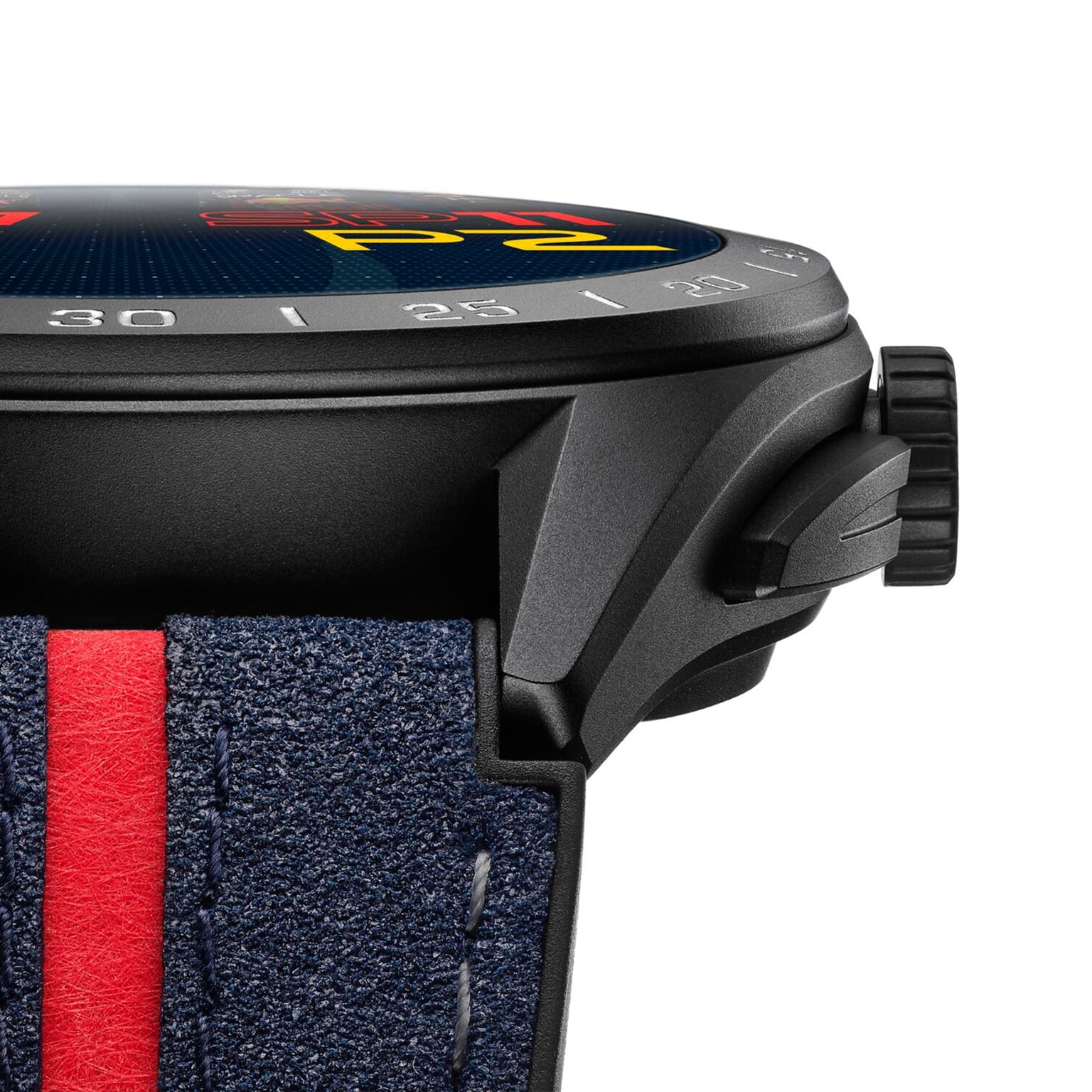 Close-up of the TAG Heuer Special Edition Connected Calibre E4 x Oracle Red Bull Racing: black case, textured crown, and blue leather strap with red stripe—ideal for racing-inspired watch faces.