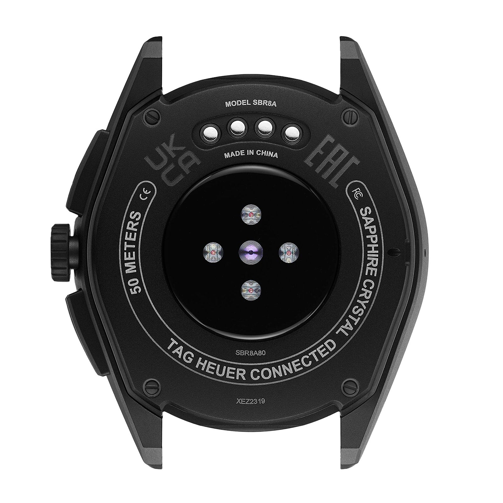 Back view of the TAG Heuer Special Edition Connected Calibre E4 x Oracle Red Bull Racing, showing signature team details, model info, certification marks, sapphire crystal inscription, and central sensor array.