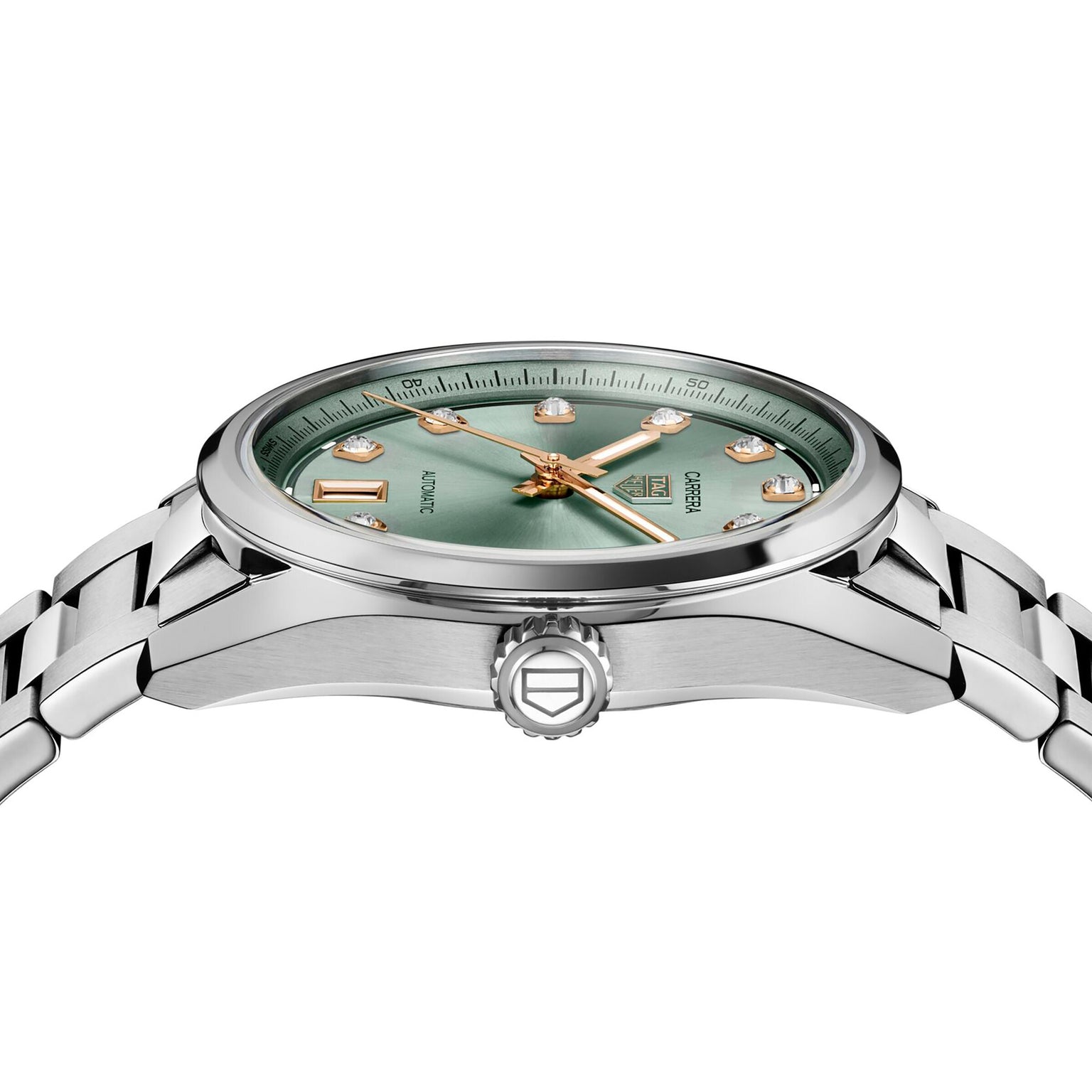 A close-up side view of the TAG Heuer Carrera Date wristwatch featuring a green sunray-brushed dial, gold hour markers, and a silver metal link band.