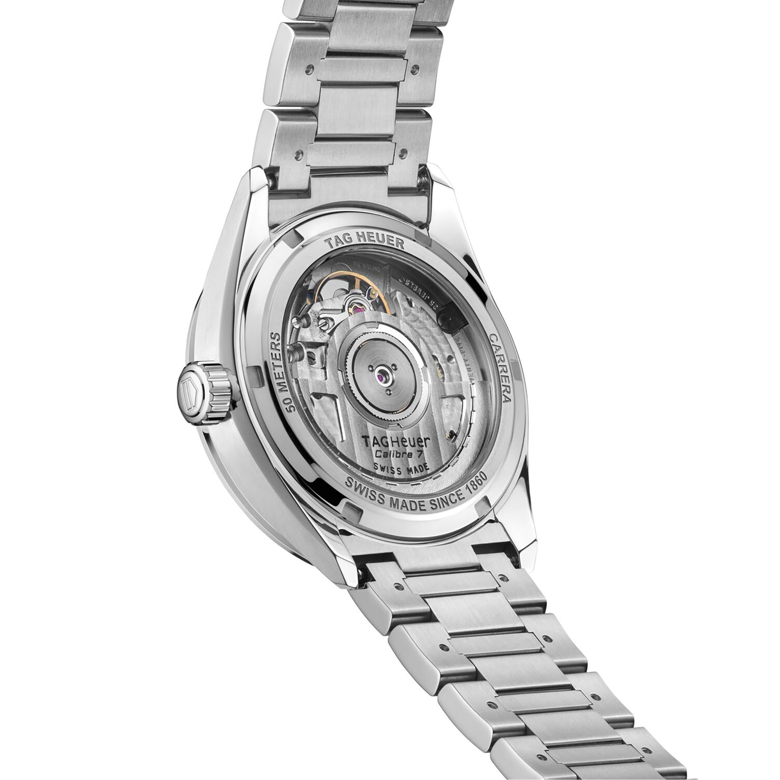 The image shows the back of the TAG Heuer Carrera Date watch, highlighting its exposed automatic movement and engraved stainless steel bracelet.