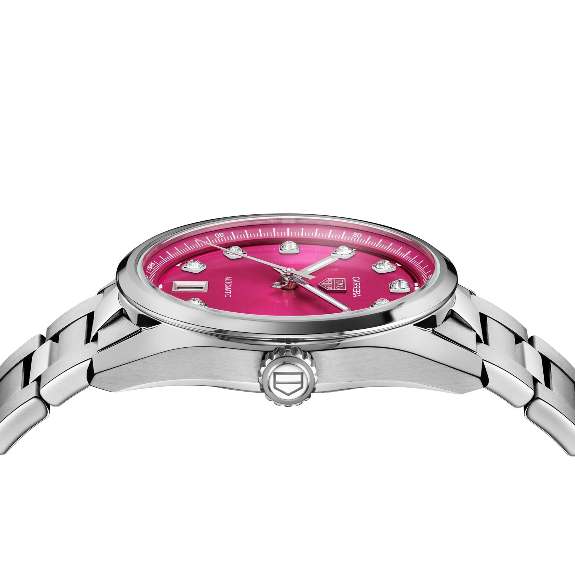 A TAG Heuer Carrera Date watch with a silver case, pink snail-brushed dial, VS diamond markers, and a metal bracelet is displayed in side profile.