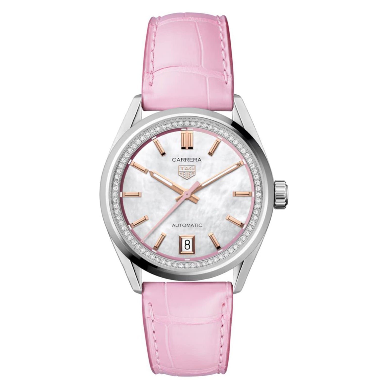 The TAG Heuer Carrera Calibre 7 features a pink leather strap, silver case, mother-of-pearl dial, diamond bezel, rose gold-plated indexes, and a date display at 6 o’clock.