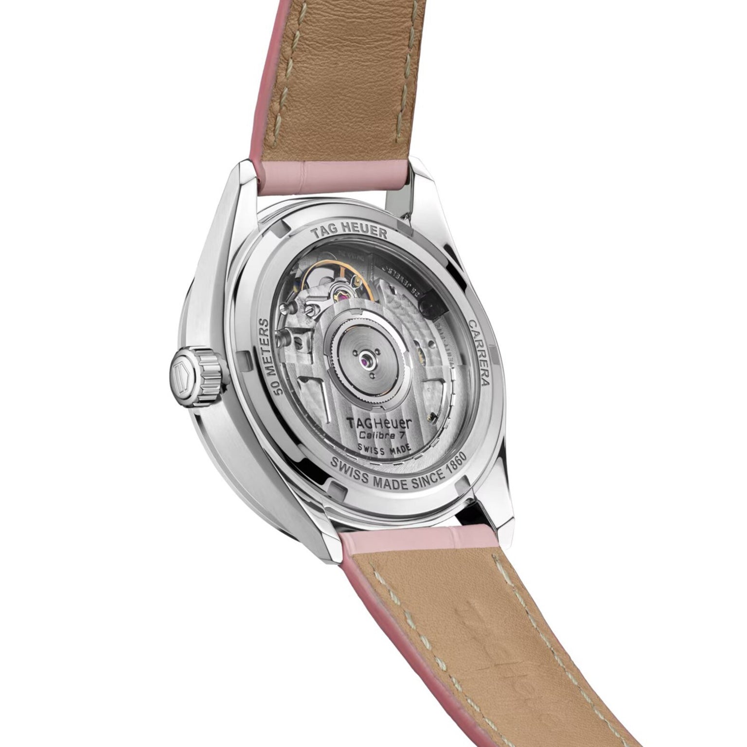 The TAG Heuer Carrera Calibre 7 showcases its automatic movement through a transparent case back, paired with a brown leather strap and refined rose gold-plated indexes.