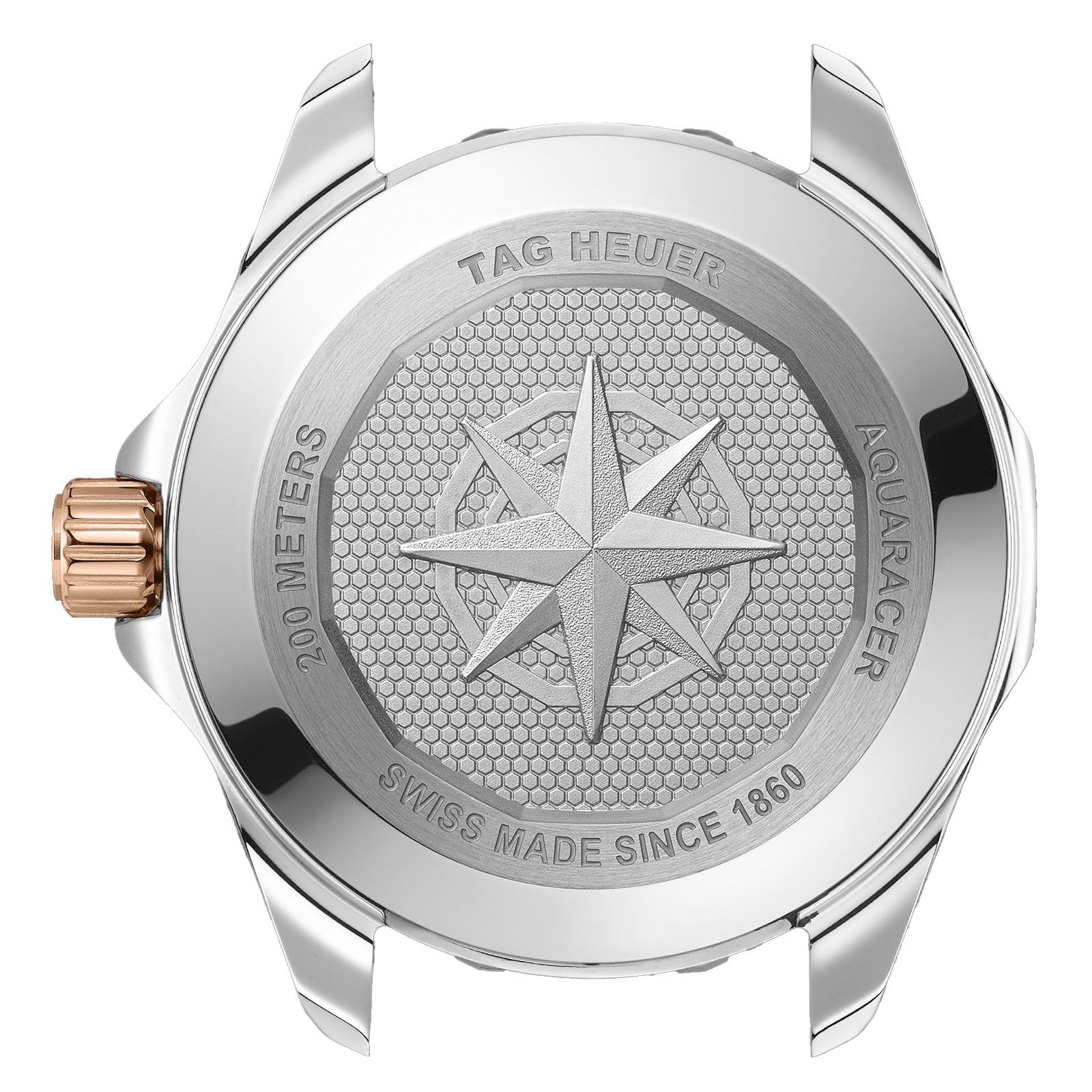 Silver case back engraved with a compass rose, gold crown, two-tone design, and text: TAG Heuer Aquaracer Professional 200 Solargraph, 200 Meters, Swiss Made Since 1860.