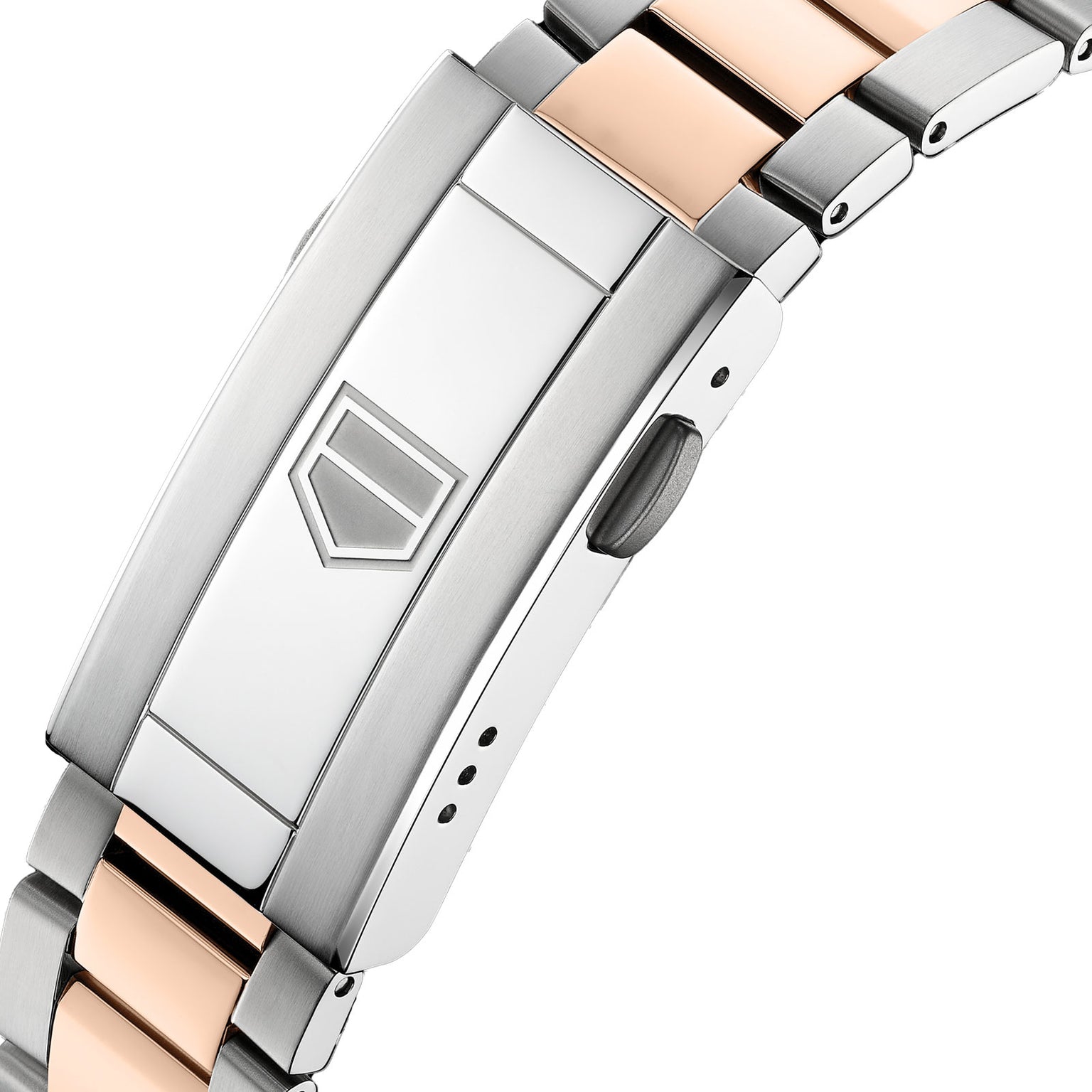 Close-up of a TAG Heuer Aquaracer Professional 200 Solargraph clasp, showcasing its two-tone silver and rose gold links with an embossed geometric logo.