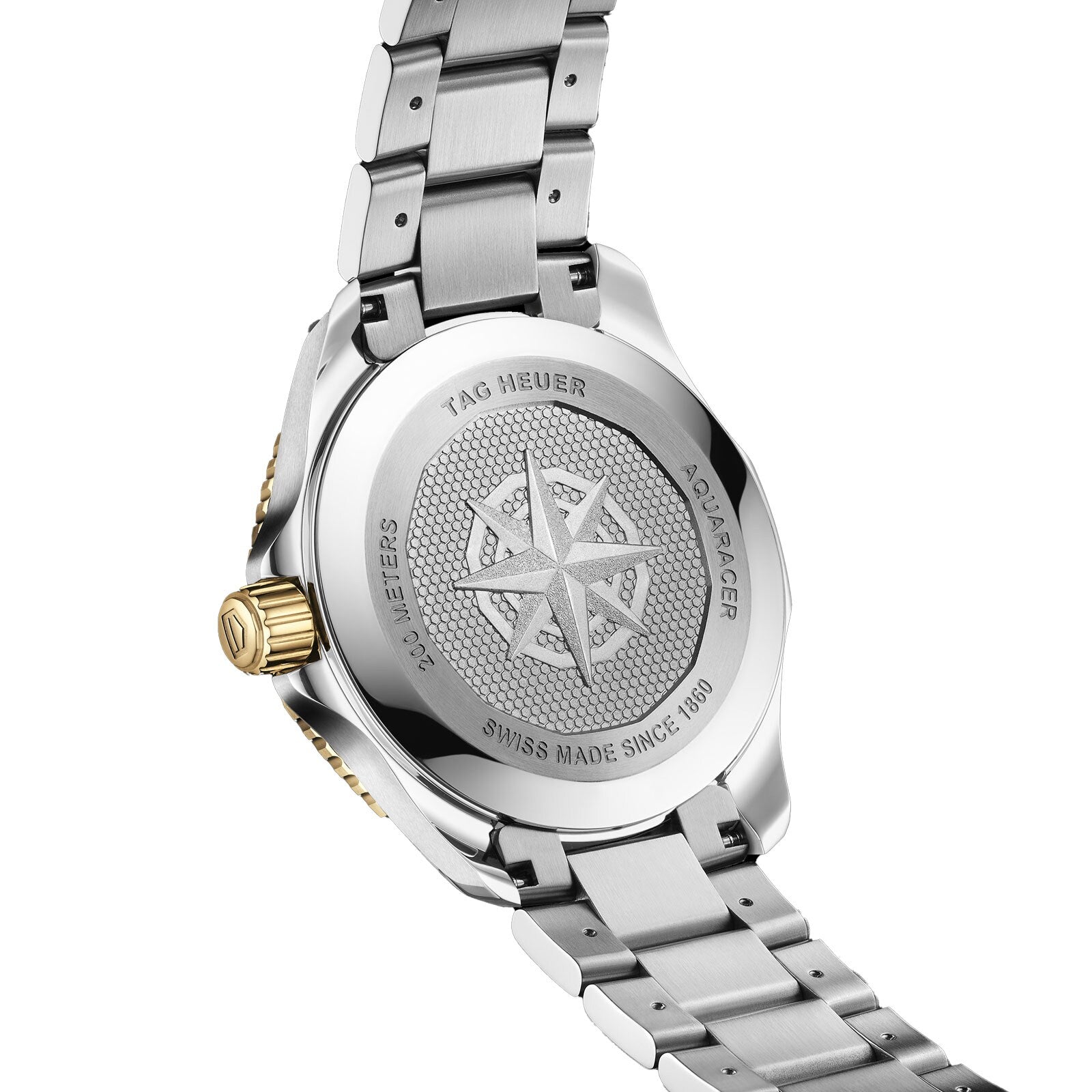 The back of the TAG Heuer Aquaracer Professional 200 Solargraph features a stainless steel case, an engraved compass motif, and text noting its water resistance and Swiss origin, showcasing its advanced Solargraph technology.