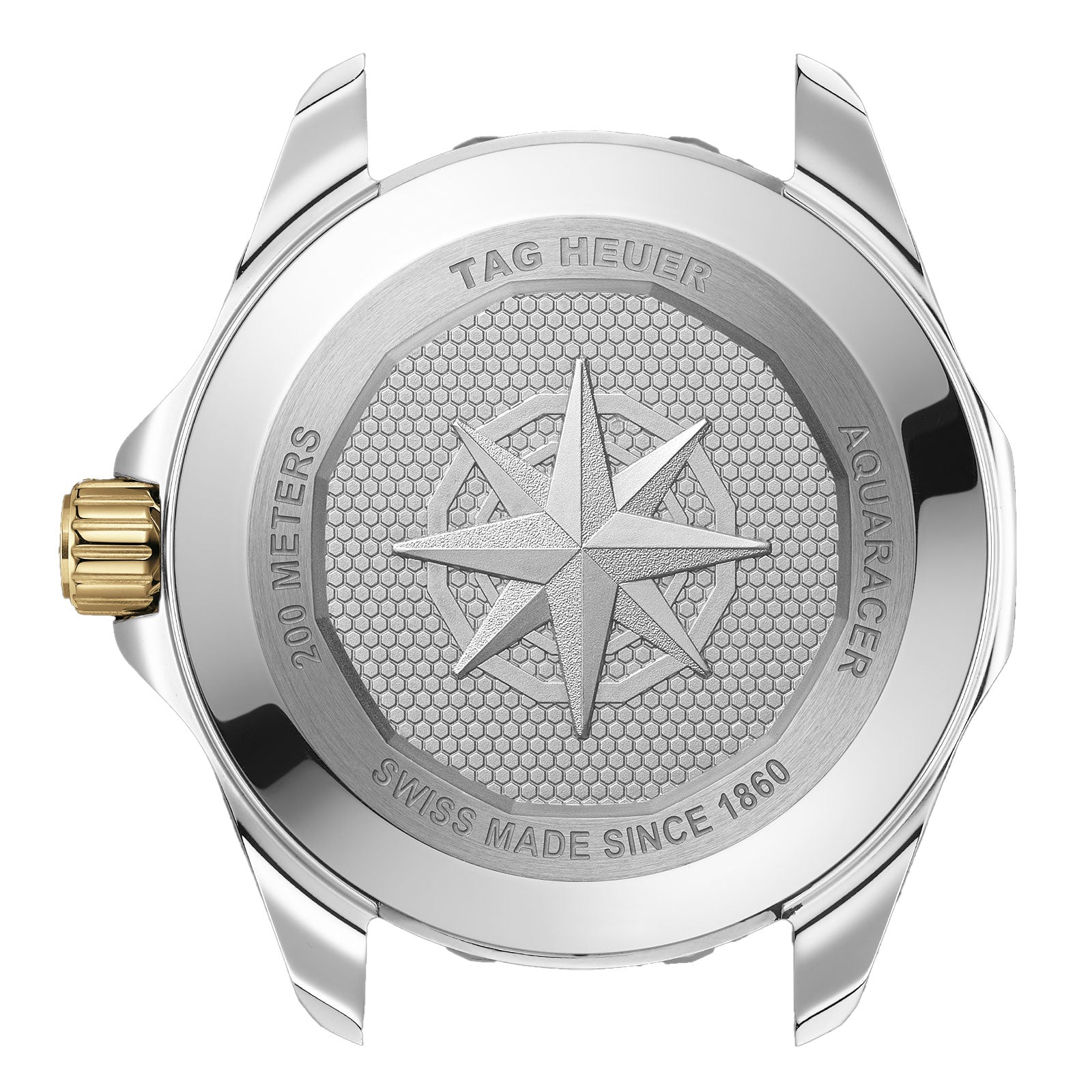Back view of the TAG Heuer Aquaracer Professional 200 Solargraph shows a compass rose on the case, engraved details for water resistance and Swiss origin, and a stylish two-tone bracelet.