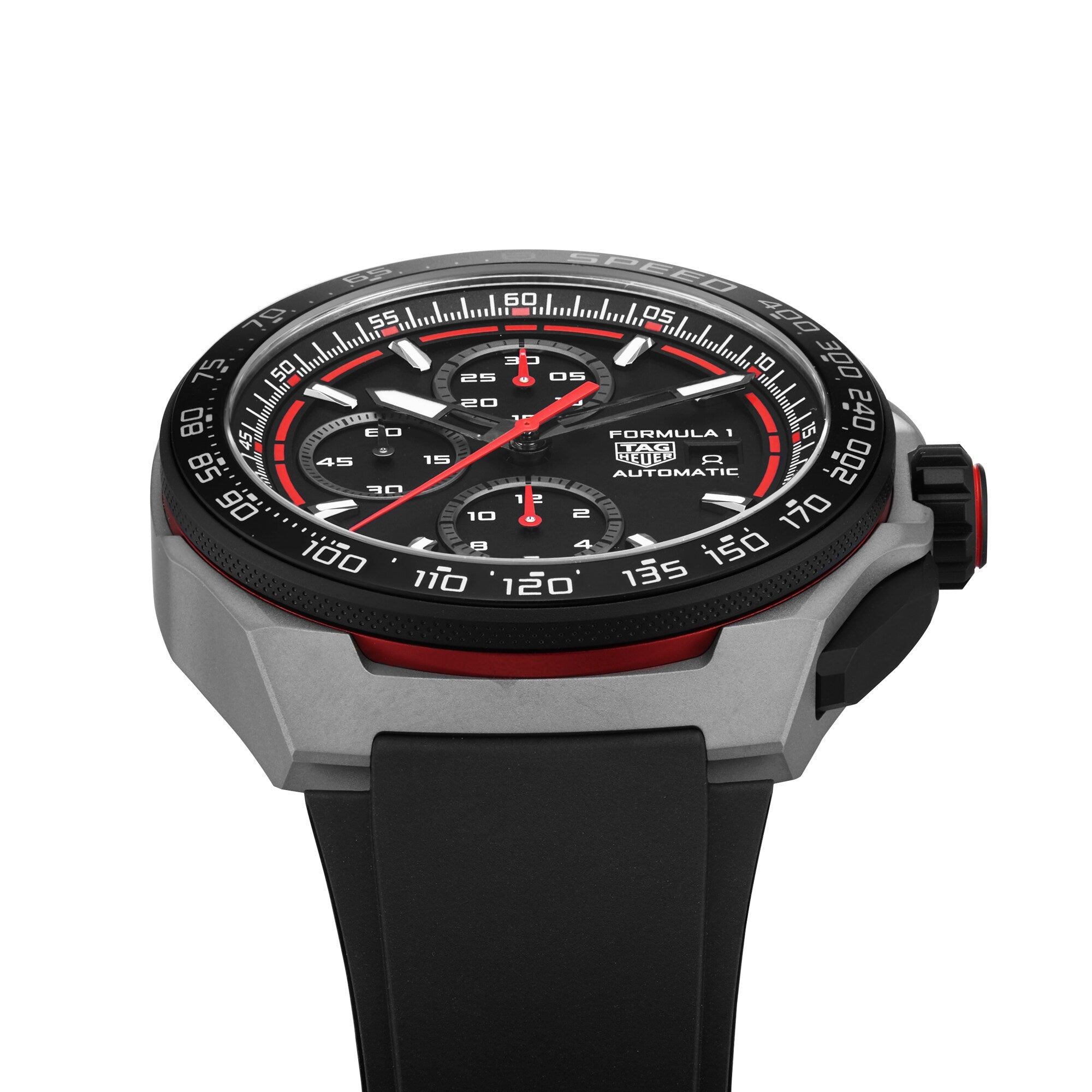 The TAG Heuer Formula 1 Chronograph features a bold black and silver design with red accents, a black rubber strap, and showcases the brands strong motorsport heritage.