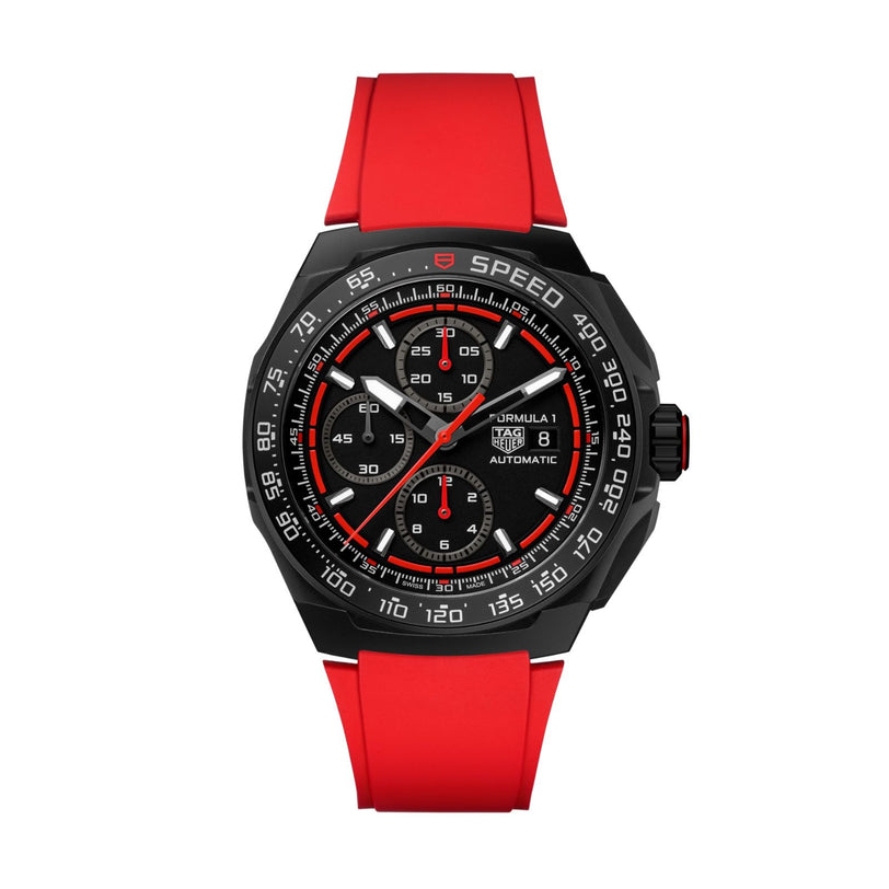 The TAG Heuer Formula 1 Chronograph features a black dial, red rubber strap, tachymeter bezel, three sub-dials, Calibre 16 automatic movement, and date display. Crafted from Grade 2 titanium with Formula 1 and Automatic labeling.