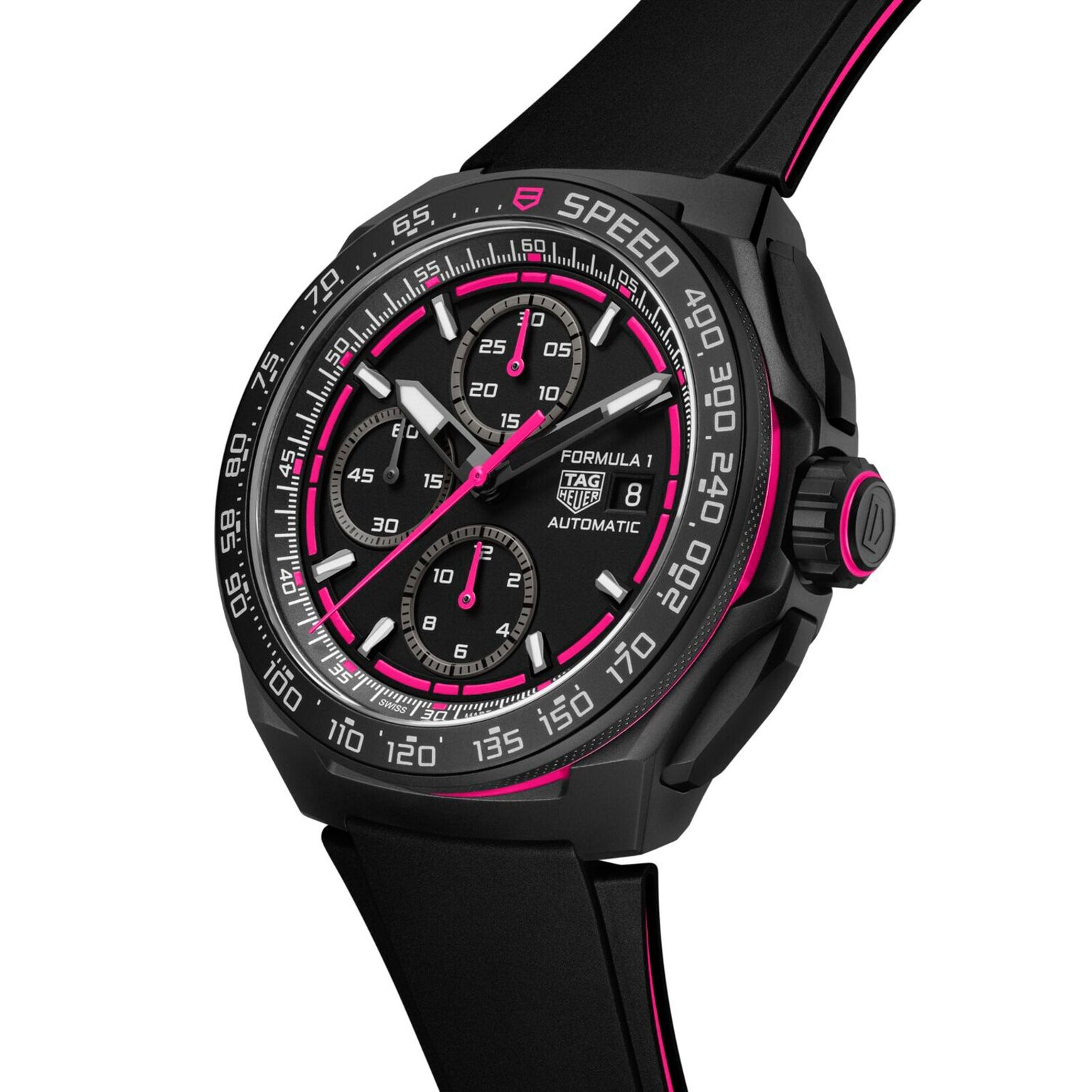 The TAG Heuer Formula 1 Chronograph Limited Edition is a striking black motorsports watch with pink accents, three sub-dials, a black tachymeter bezel, and a sleek black silicone strap trimmed in pink.