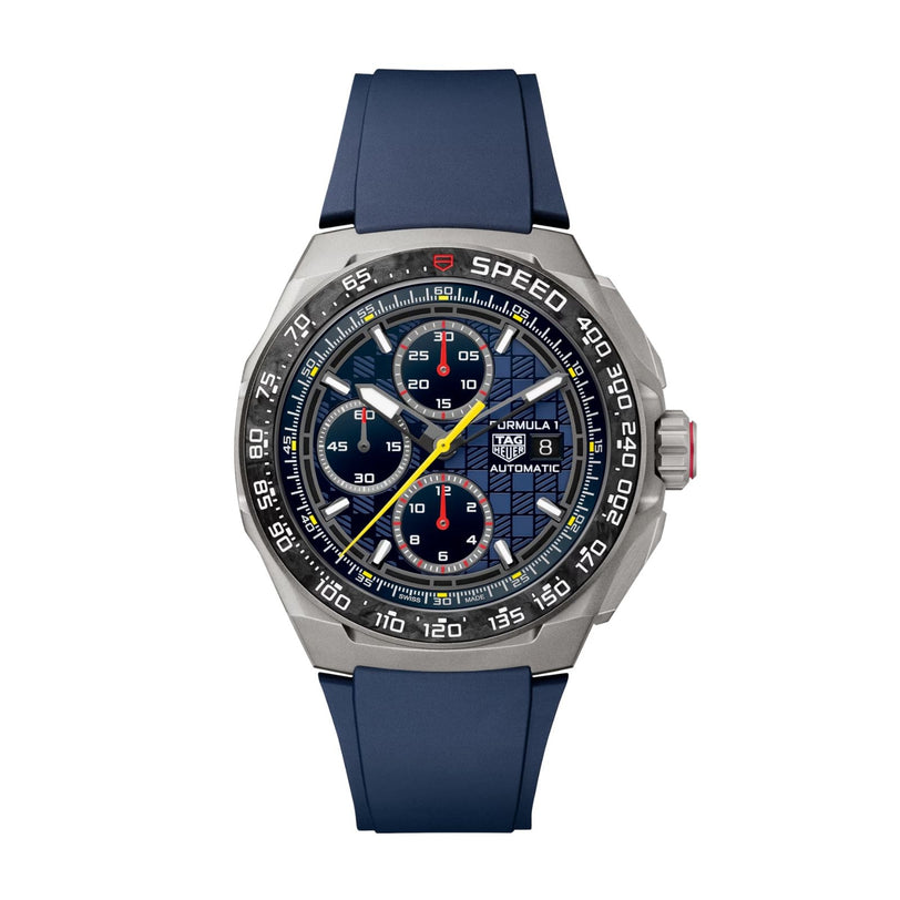 The TAG Heuer Formula 1 Chronograph X Oracle Red Bull Racing features a blue dial with multiple subdials, a stainless steel case, and a blue strap, offering both timekeeping and stopwatch functions in a motorsport-inspired design.