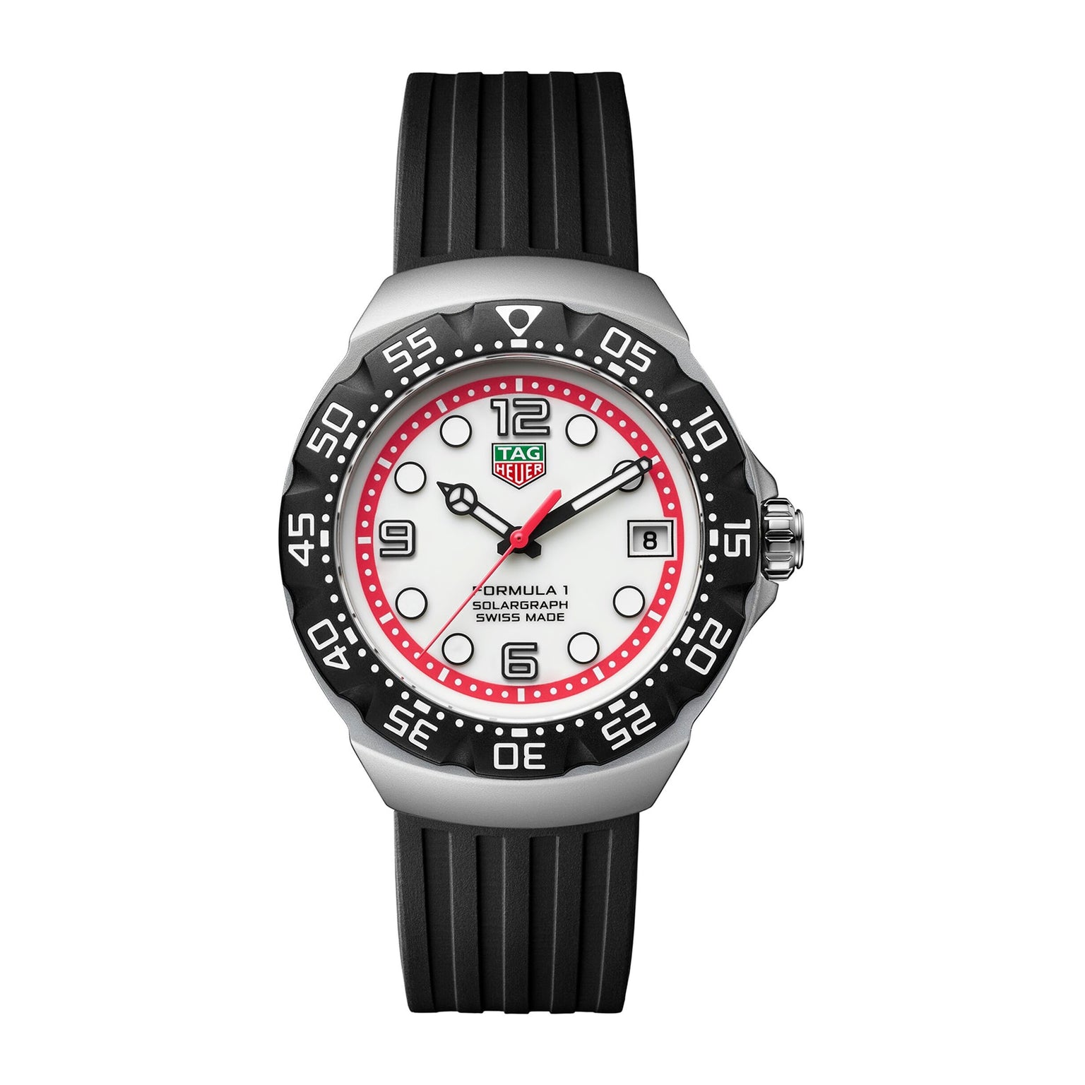 TAG Heuer Formula 1 Solargraph watch featuring a black strap, white face, red accents, and a black bezel with white numbers.