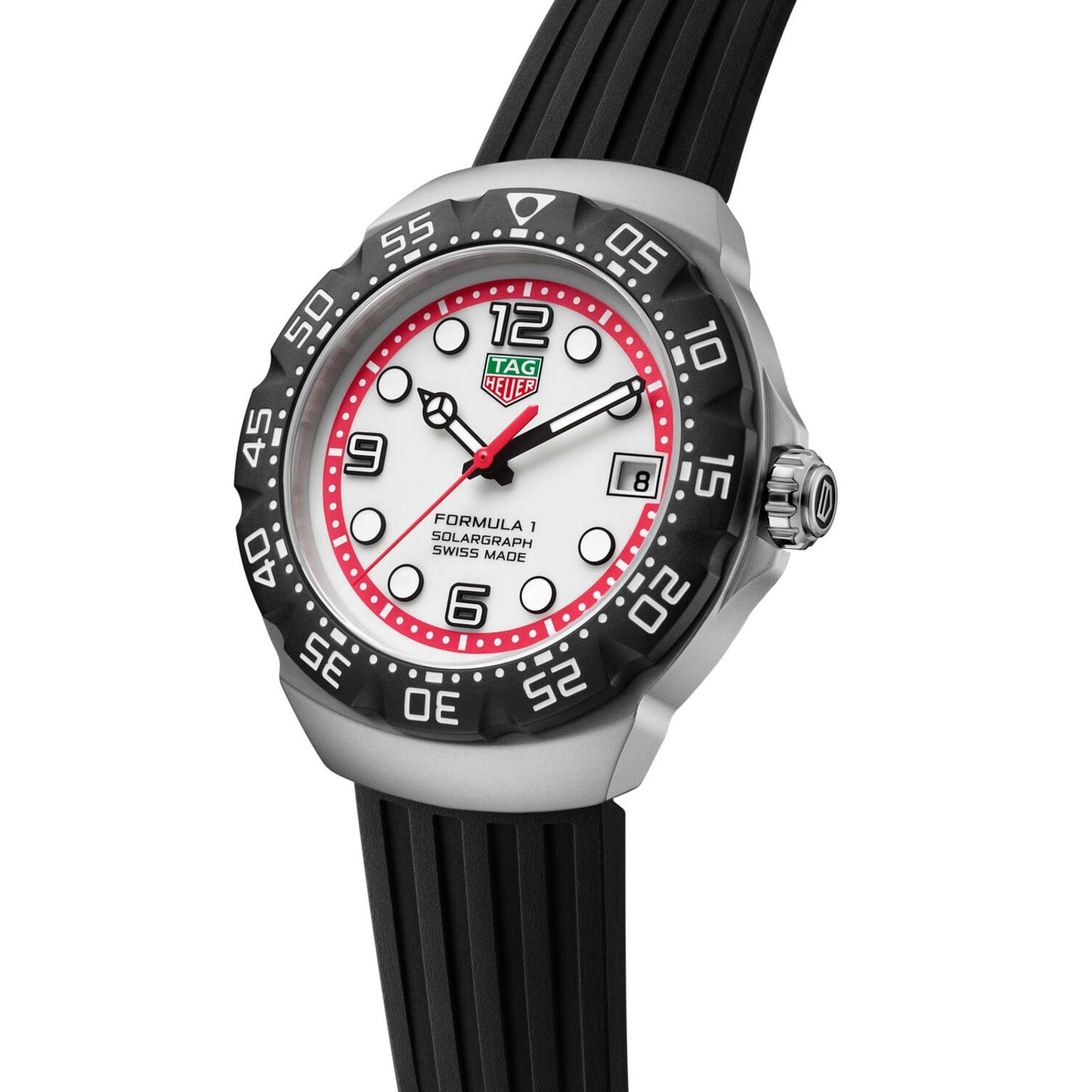 TAG Heuer Formula 1 Solargraph watch featuring a white dial, black bezel with red accents, and a black rubber strap.